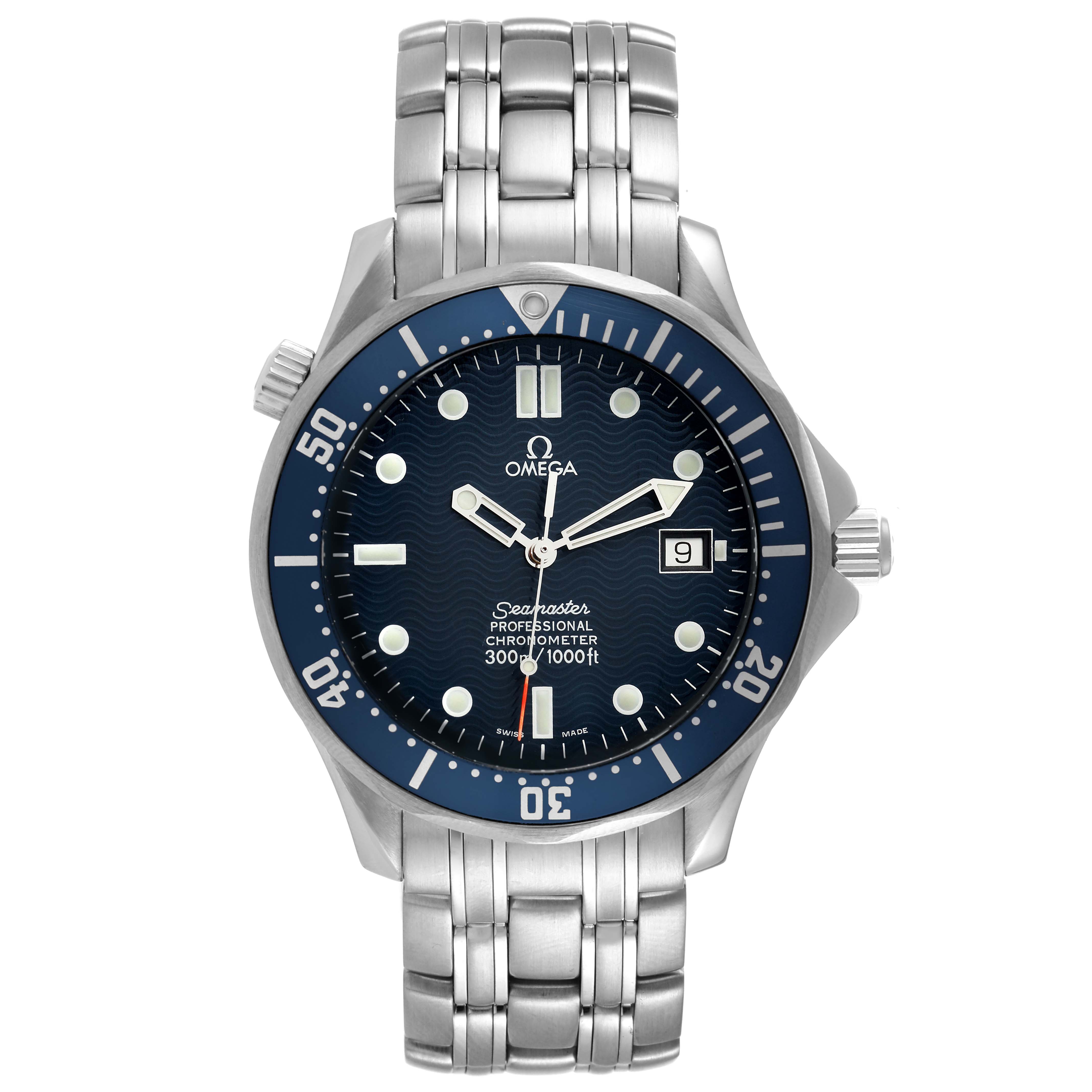 The image shows a front view of an Omega Seamaster 2531.80.00 Men's Stainless Steel Blue Dial 2531.80.00 Men's Stainless Steel Blue Dial watch, displaying the dial, bezel, crown, and metal bracelet.