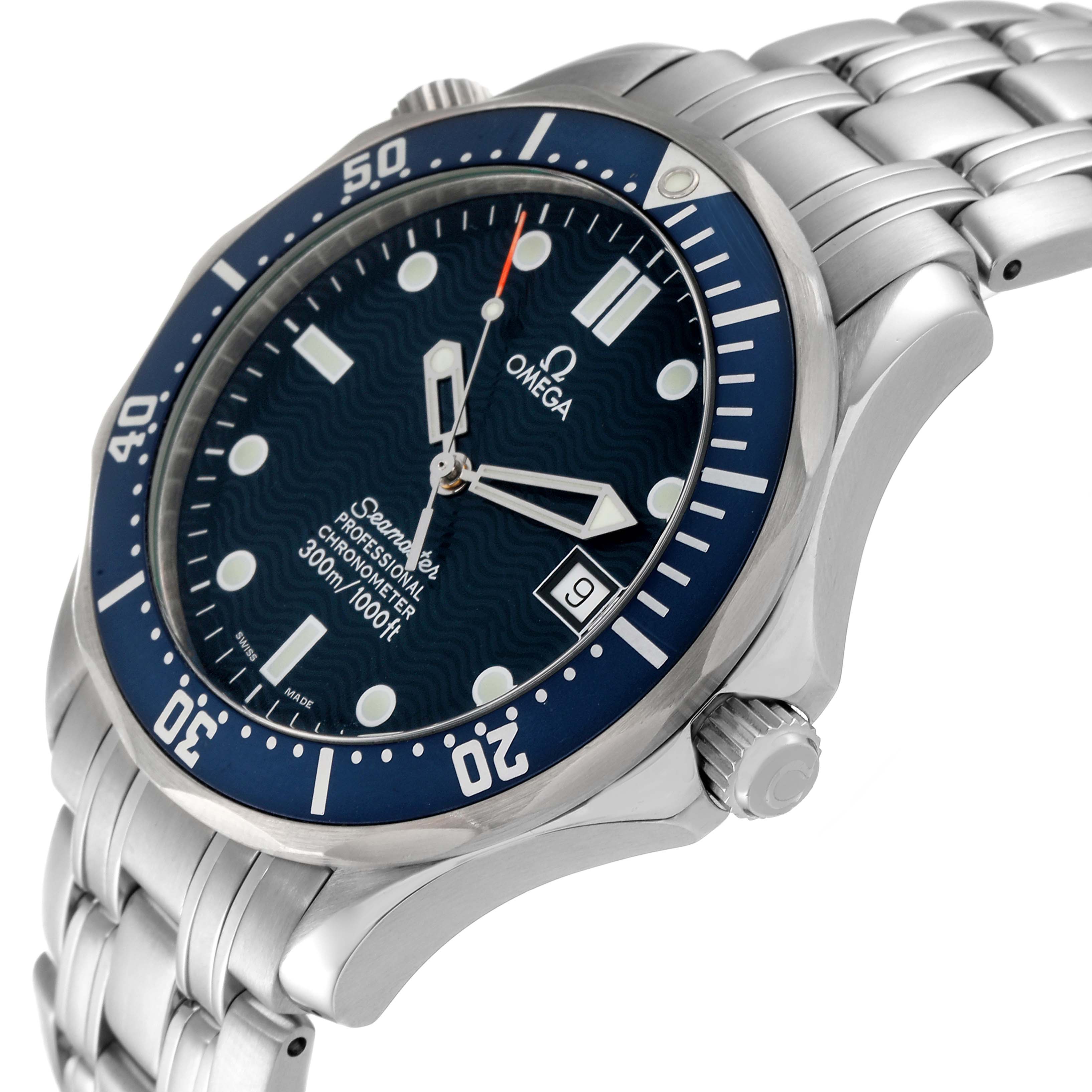 The image shows a close-up, angled view of the Omega Seamaster 2531.80.00 Men's Stainless Steel Blue Dial 2531.80.00 Men's Stainless Steel Blue Dial watch, highlighting the dial, bezel, and part of the bracelet.