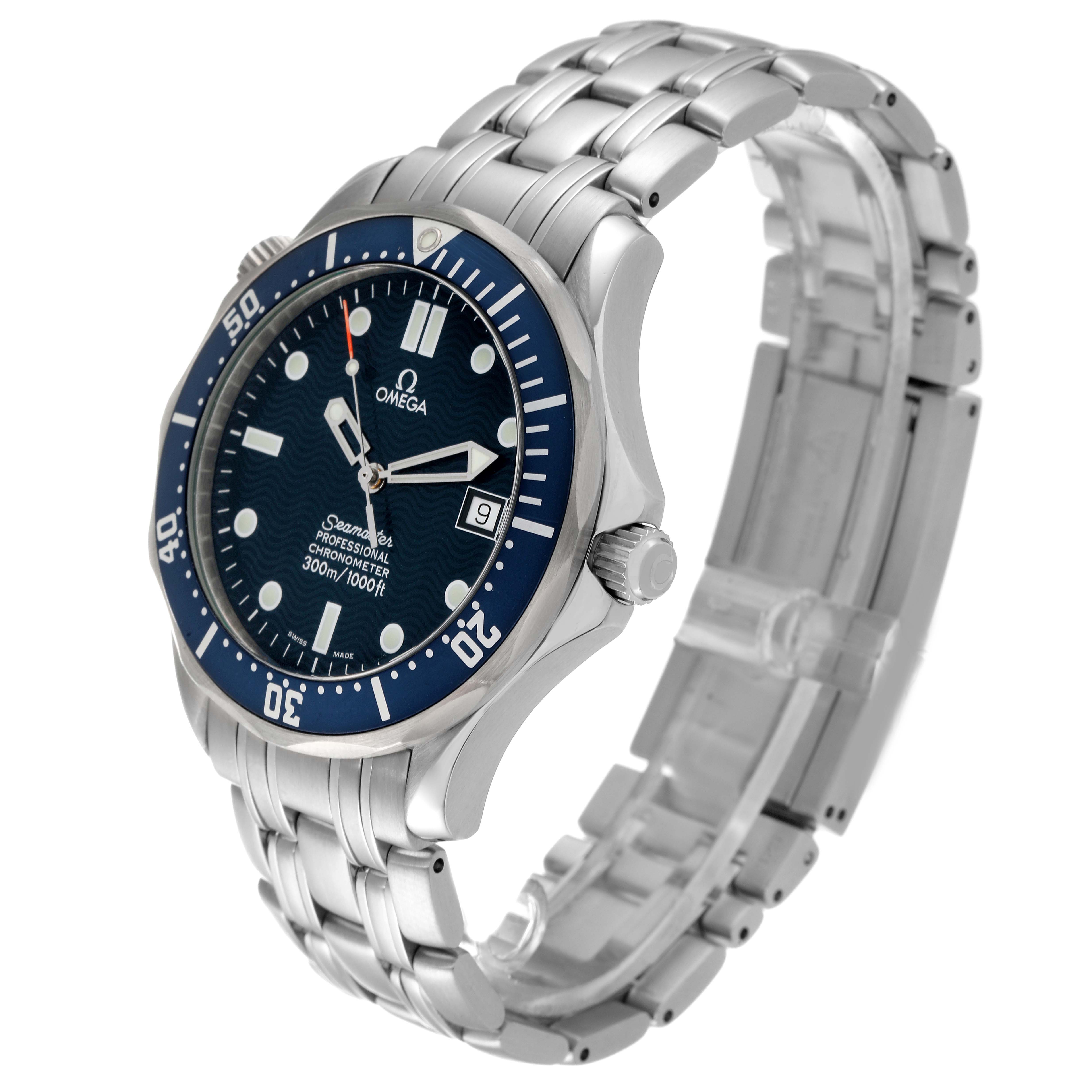 The Omega Seamaster 2531.80.00 Men's Stainless Steel Blue Dial 2531.80.00 Men's Stainless Steel Blue Dial watch is shown at a slight angle, highlighting its stainless steel case, blue dial, and metal bracelet.