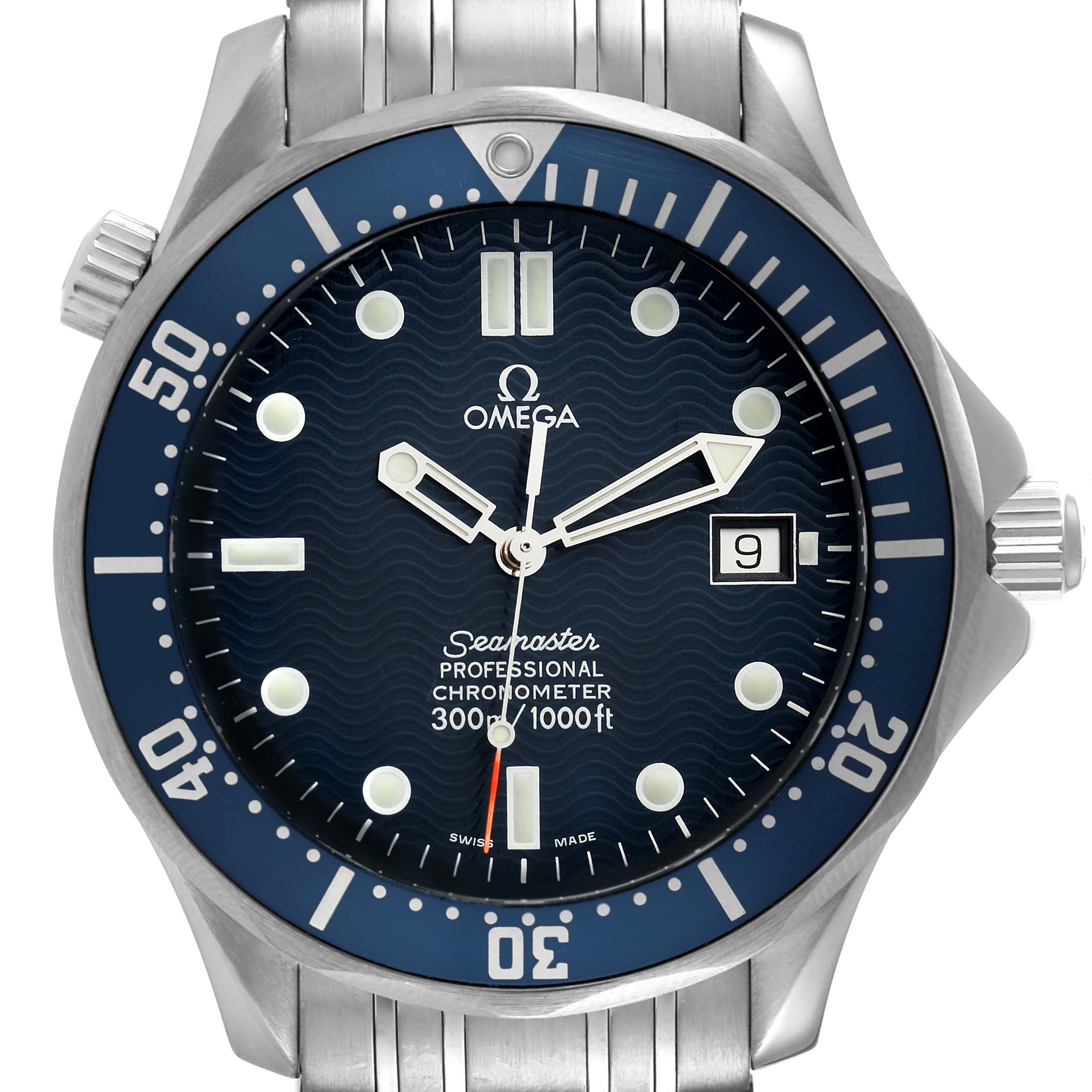 The image shows a front view of the Omega Seamaster 2531.80.00 Men's Stainless Steel Blue Dial 2531.80.00 Men's Stainless Steel Blue Dial watch, highlighting the dial, bezel, crown, and part of the bracelet.