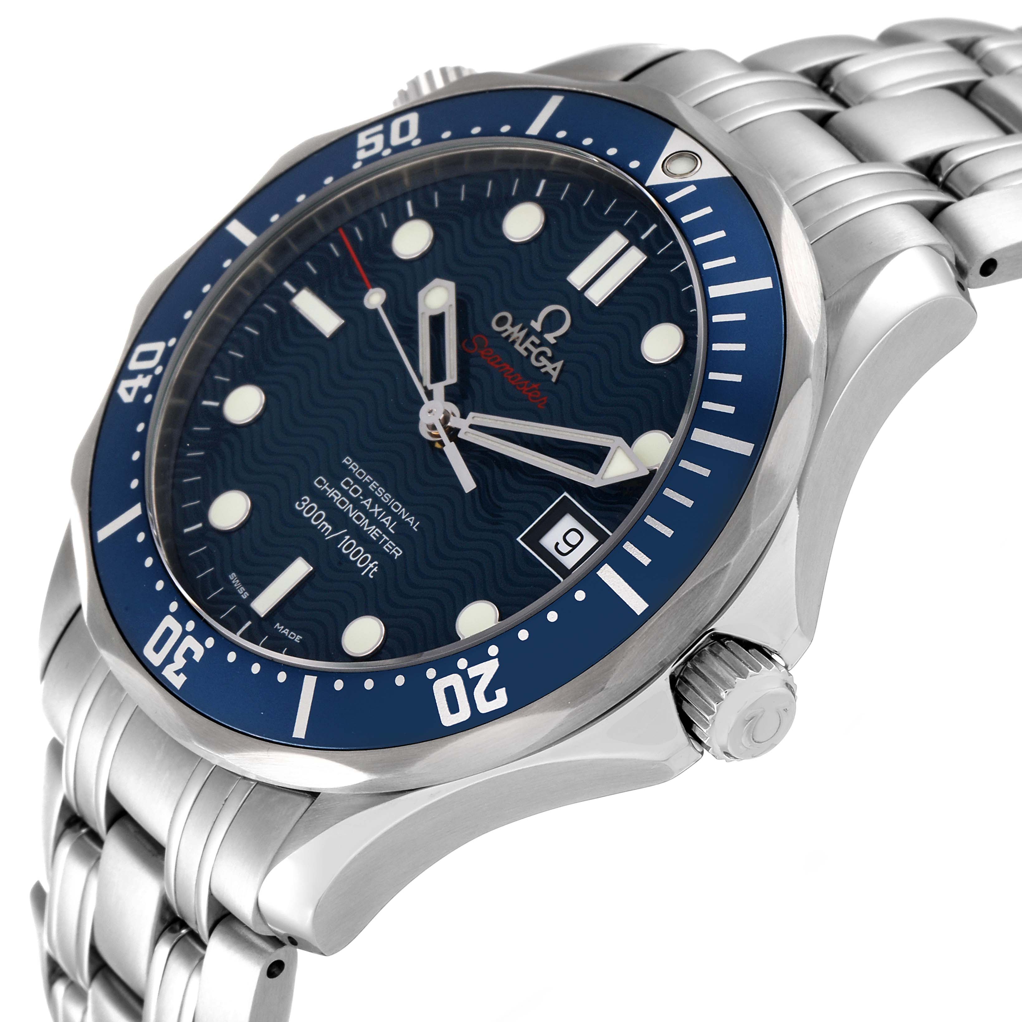 This image shows an Omega Seamaster 2220.80.00 Men's Stainless Steel Blue Dial 2220.80.00 Men's Stainless Steel Blue Dial watch angled from the front-right, highlighting the bezel, dial, crown, and bracelet.
