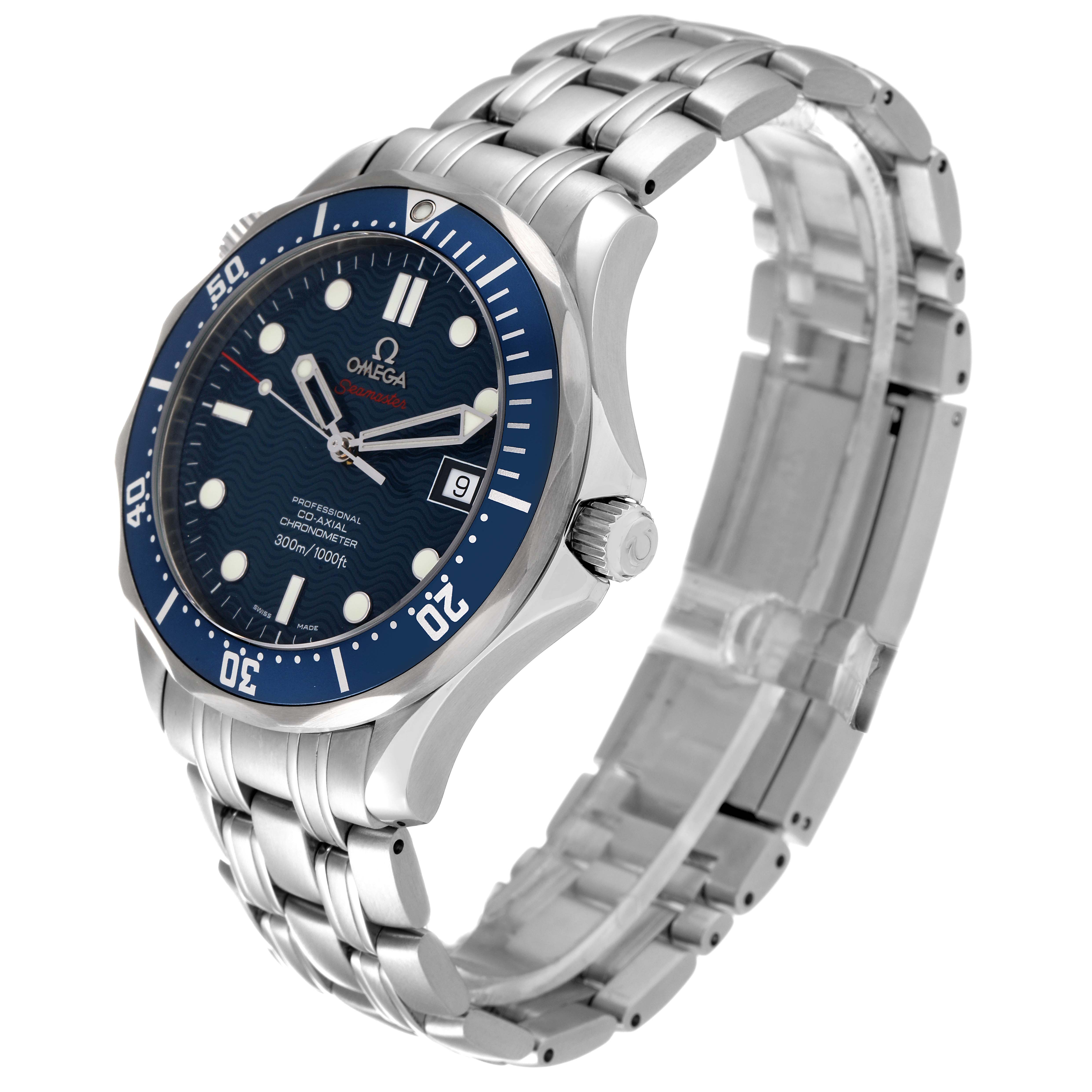 The Omega Seamaster 2220.80.00 Men's Stainless Steel Blue Dial 2220.80.00 Men's Stainless Steel Blue Dial watch is shown at an angle highlighting the face, bezel, crown, and stainless steel bracelet.