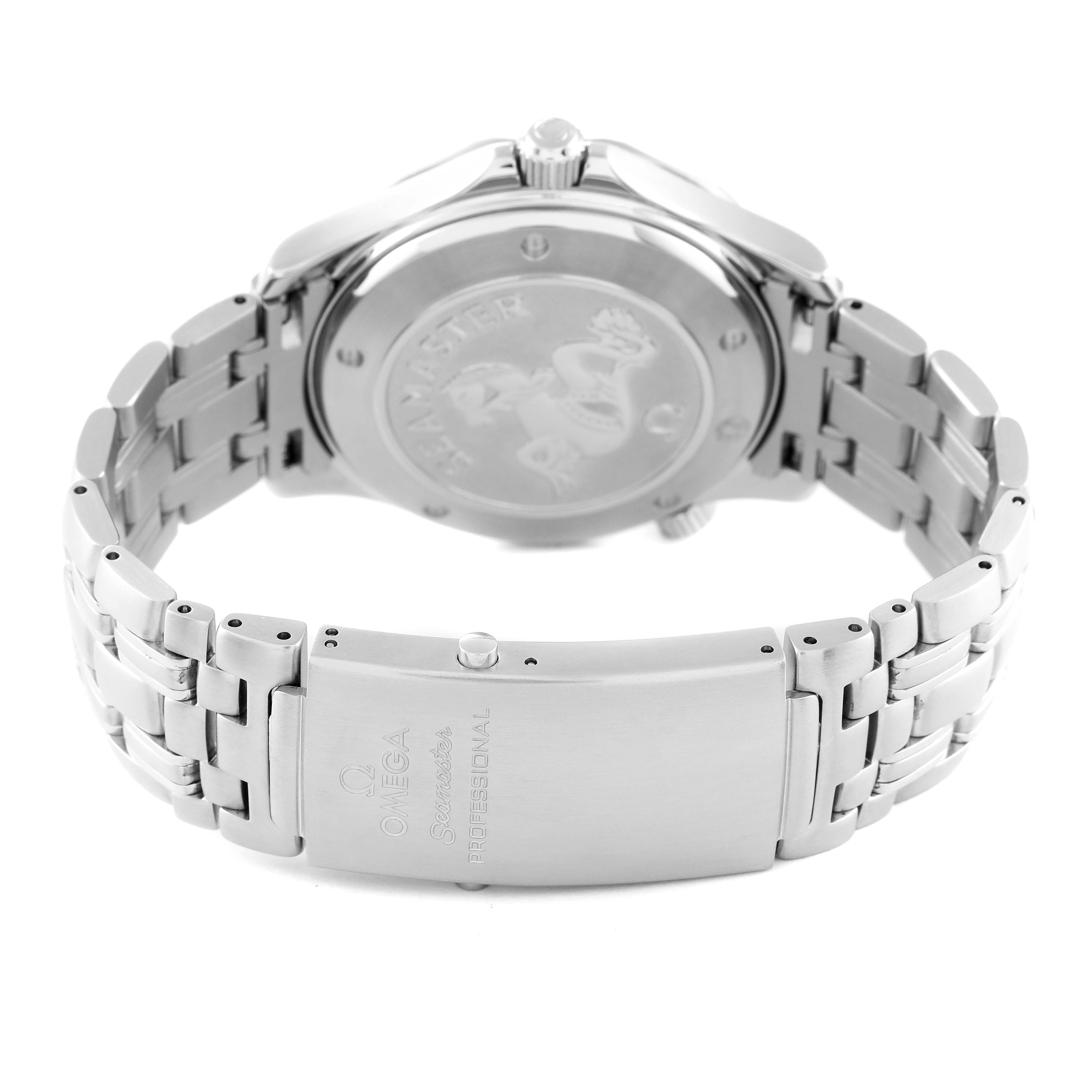 The image shows the back and clasp of the Omega Seamaster 2220.80.00 Men's Stainless Steel Blue Dial 2220.80.00 Men's Stainless Steel Blue Dial watch, highlighting the case back design and metal bracelet.