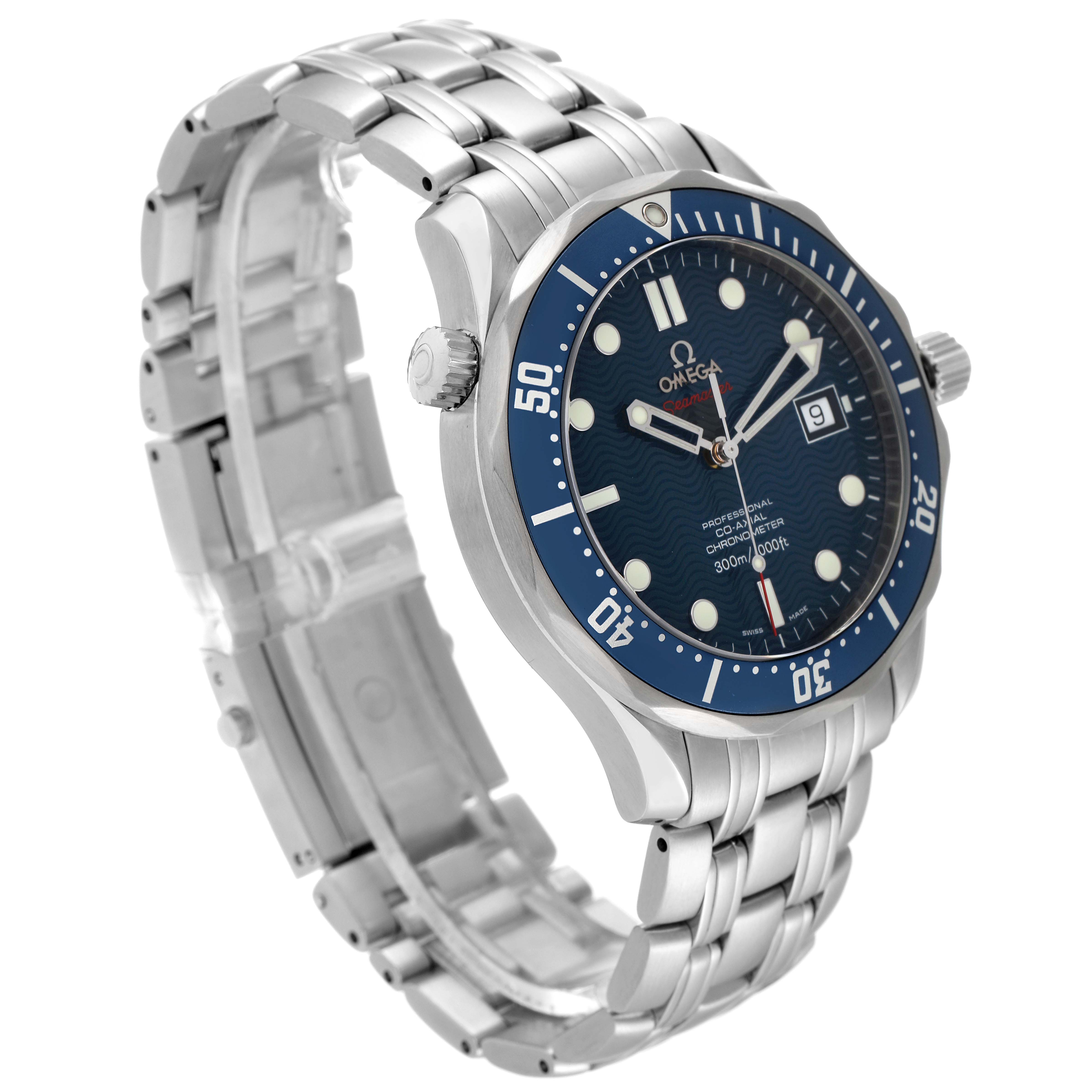 The Omega Seamaster 2220.80.00 Men's Stainless Steel Blue Dial 2220.80.00 Men's Stainless Steel Blue Dial watch is shown from an oblique angle, displaying the dial, bezel, case, and part of the stainless steel bracelet.