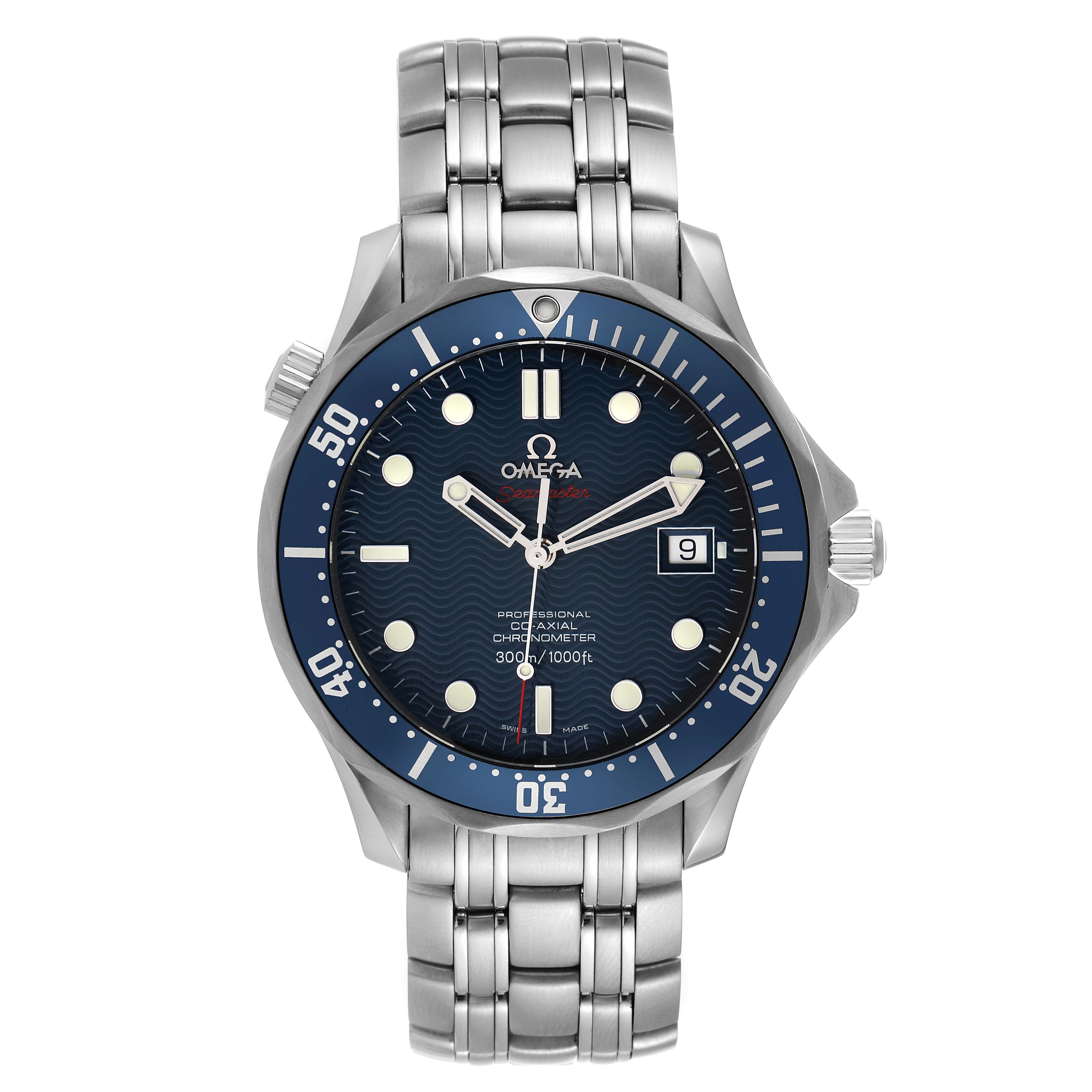 The image shows a front view of an Omega Seamaster 2220.80.00 Men's Stainless Steel Blue Dial 2220.80.00 Men's Stainless Steel Blue Dial watch, displaying the dial, bezel, and metal bracelet.