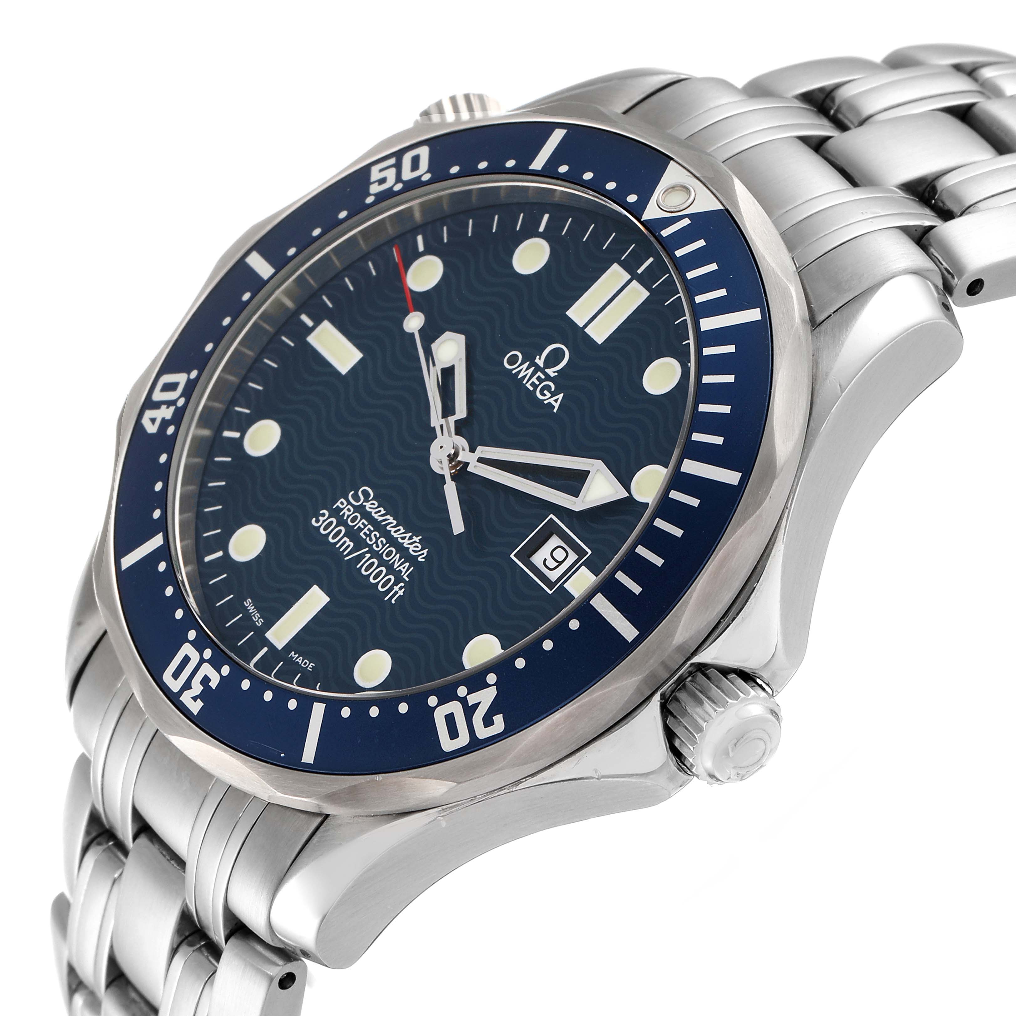 This image shows an angled view of the Omega Seamaster 2541.80.00 Men's Stainless Steel Blue Dial 2541.80.00 Men's Stainless Steel Blue Dial watch, highlighting its dial, bezel, crown, and bracelet.