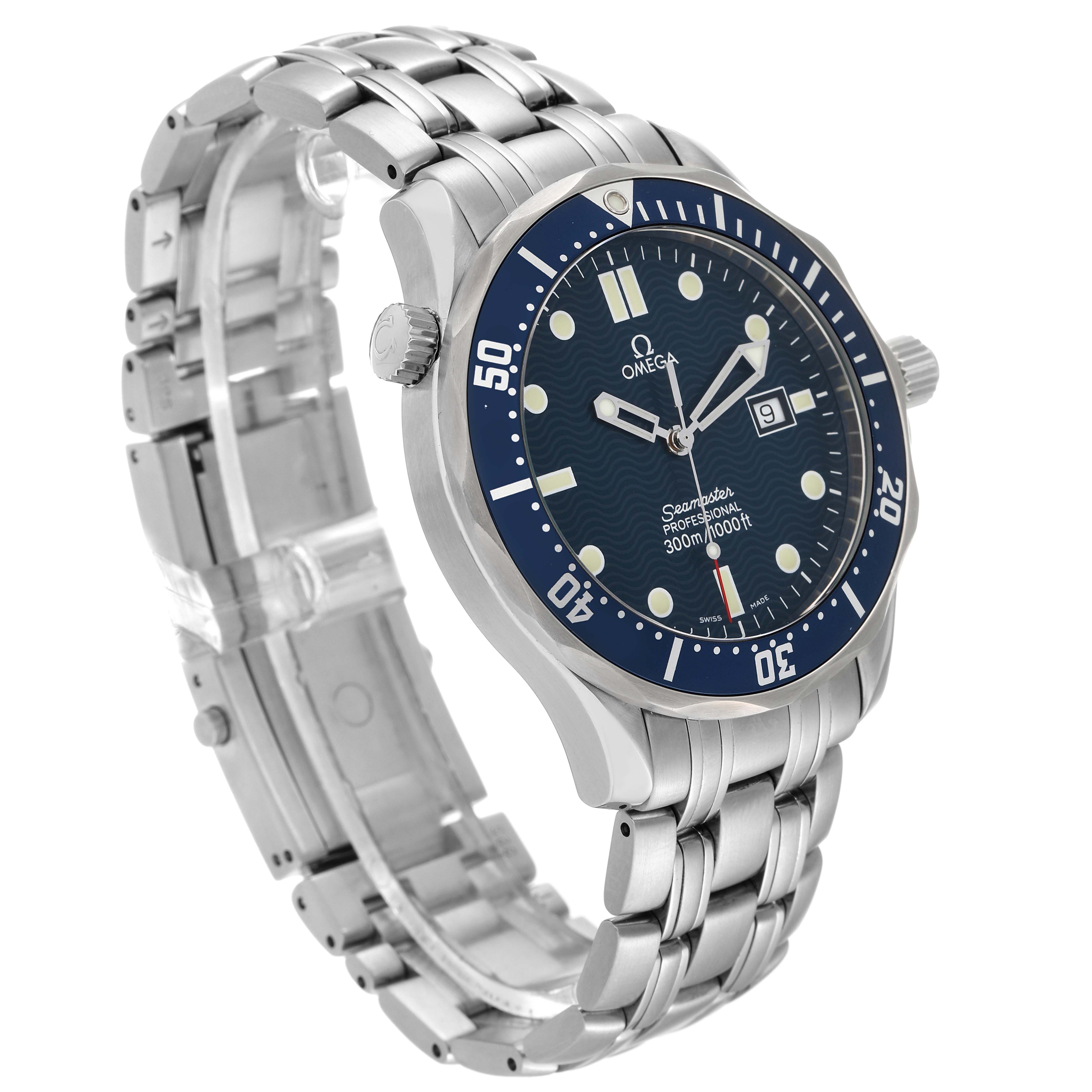 The image shows an Omega Seamaster 2541.80.00 Men's Stainless Steel Blue Dial 2541.80.00 Men's Stainless Steel Blue Dial watch at a three-quarter angle, highlighting the face, bezel, and bracelet.