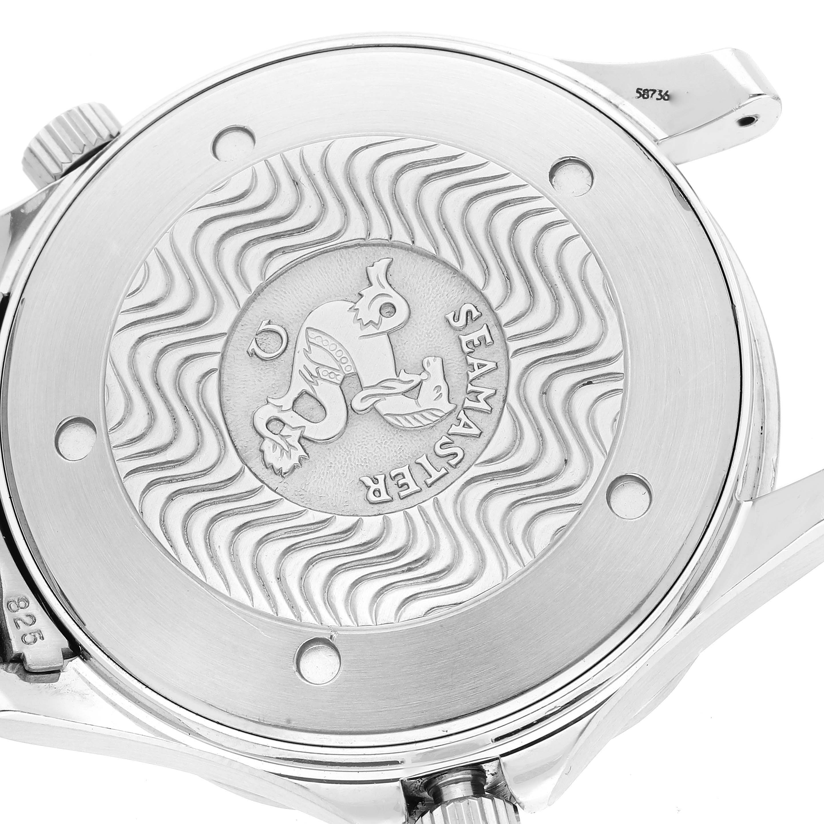 The image shows the case back of an Omega Seamaster 2541.80.00 Men's Stainless Steel Blue Dial 2541.80.00 Men's Stainless Steel Blue Dial watch at a slight angle, highlighting its engraved design and logo.