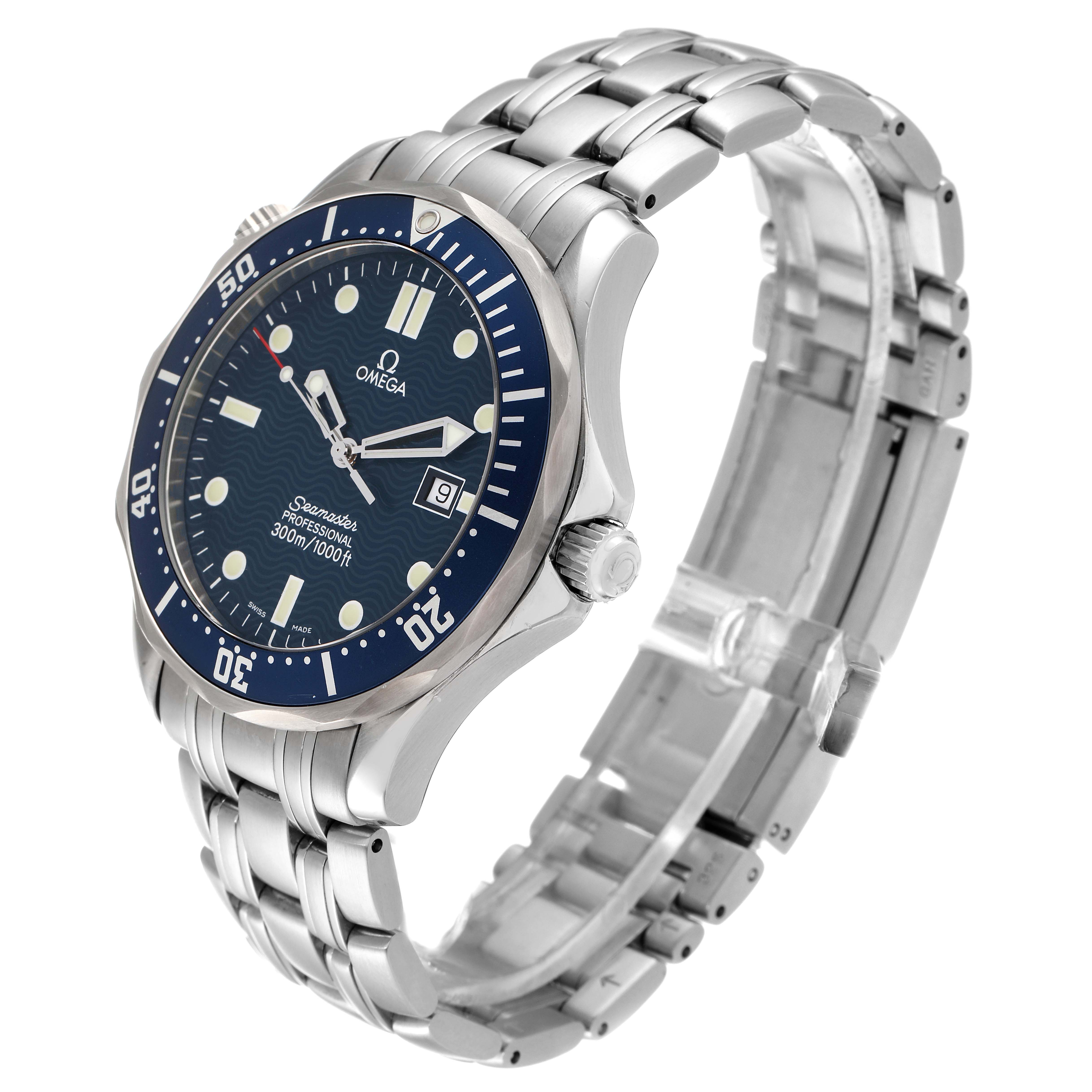 The image shows an angled side view of an Omega Seamaster 2541.80.00 Men's Stainless Steel Blue Dial 2541.80.00 Men's Stainless Steel Blue Dial watch, highlighting the face, bezel, and metal bracelet.