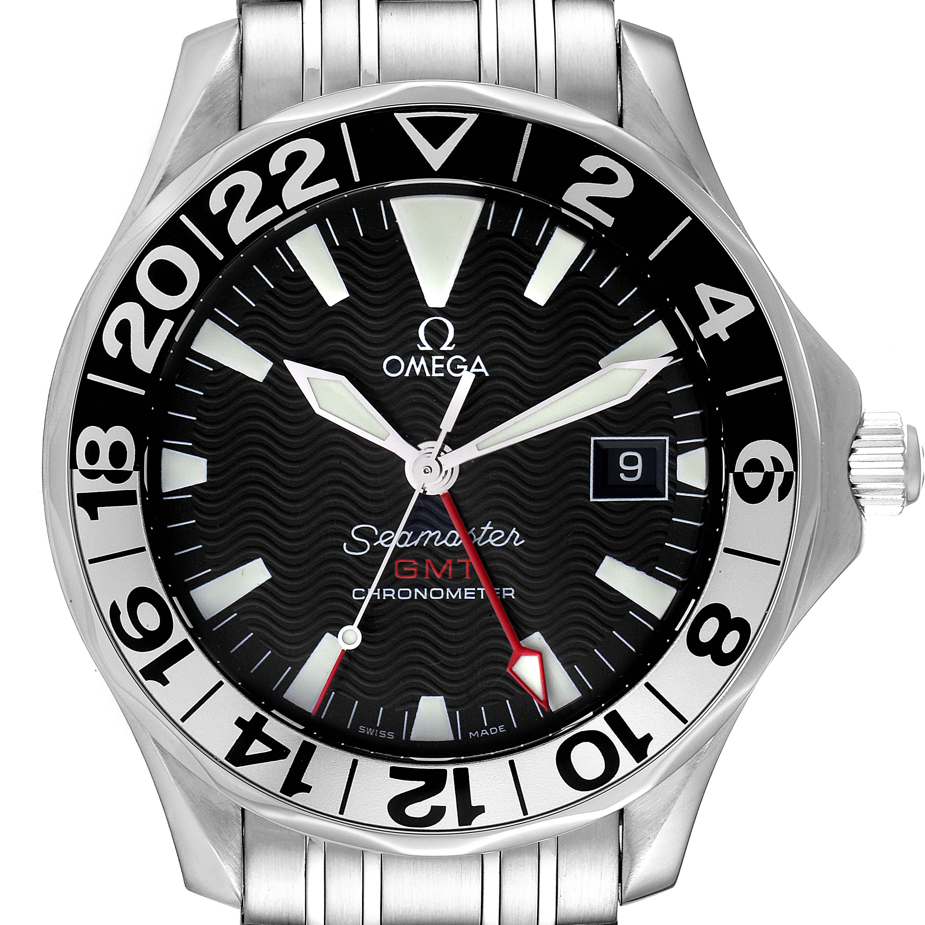 This image shows a front view of an Omega Seamaster 2234.50.00 Men's Stainless Steel Black Dial 2234.50.00 Men's Stainless Steel Black Dial GMT watch, highlighting its black dial, date window, and stainless steel bracelet.