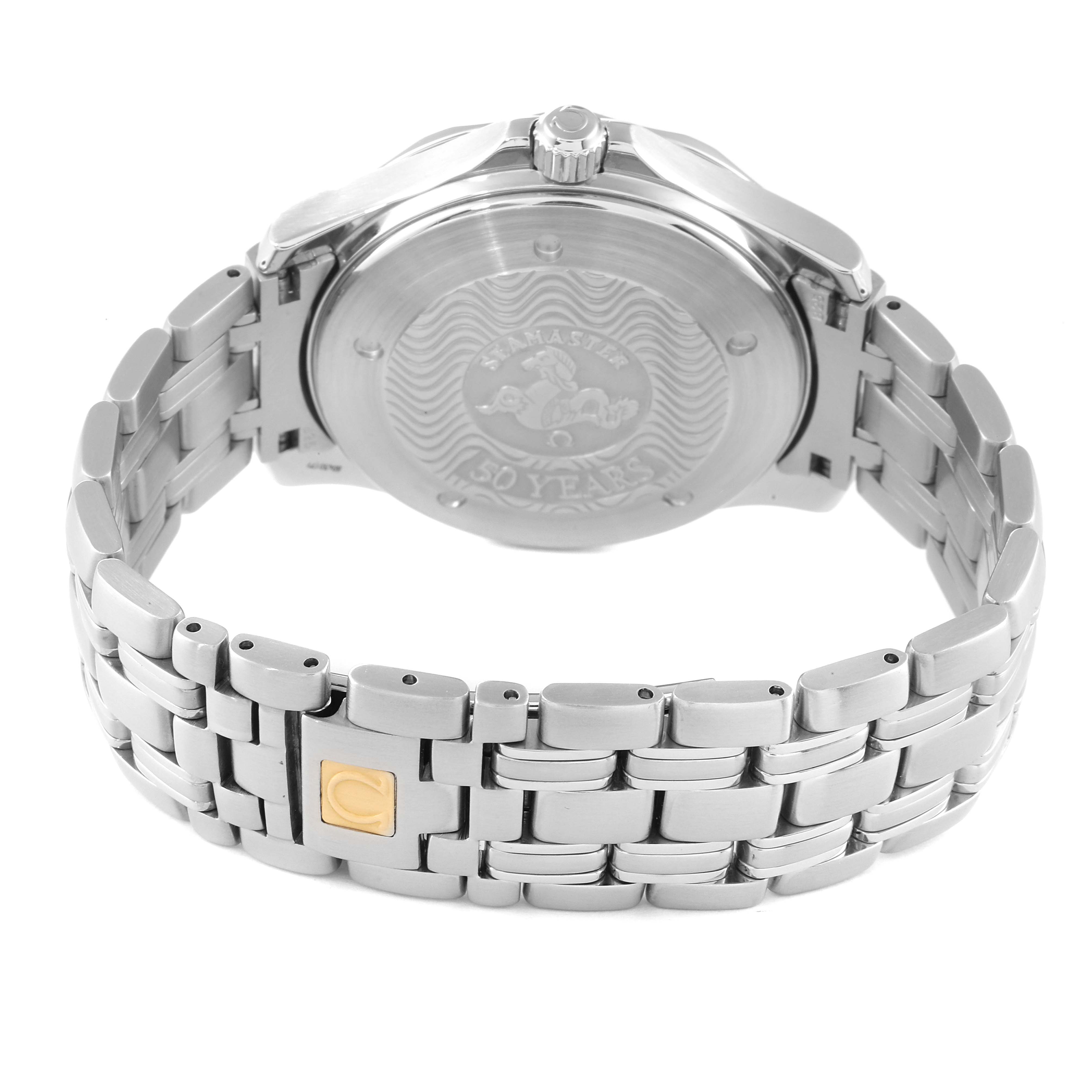 The image shows the back case and bracelet of an Omega Seamaster 2234.50.00 Men's Stainless Steel Black Dial 2234.50.00 Men's Stainless Steel Black Dial watch, focusing on the clasp and case back details.