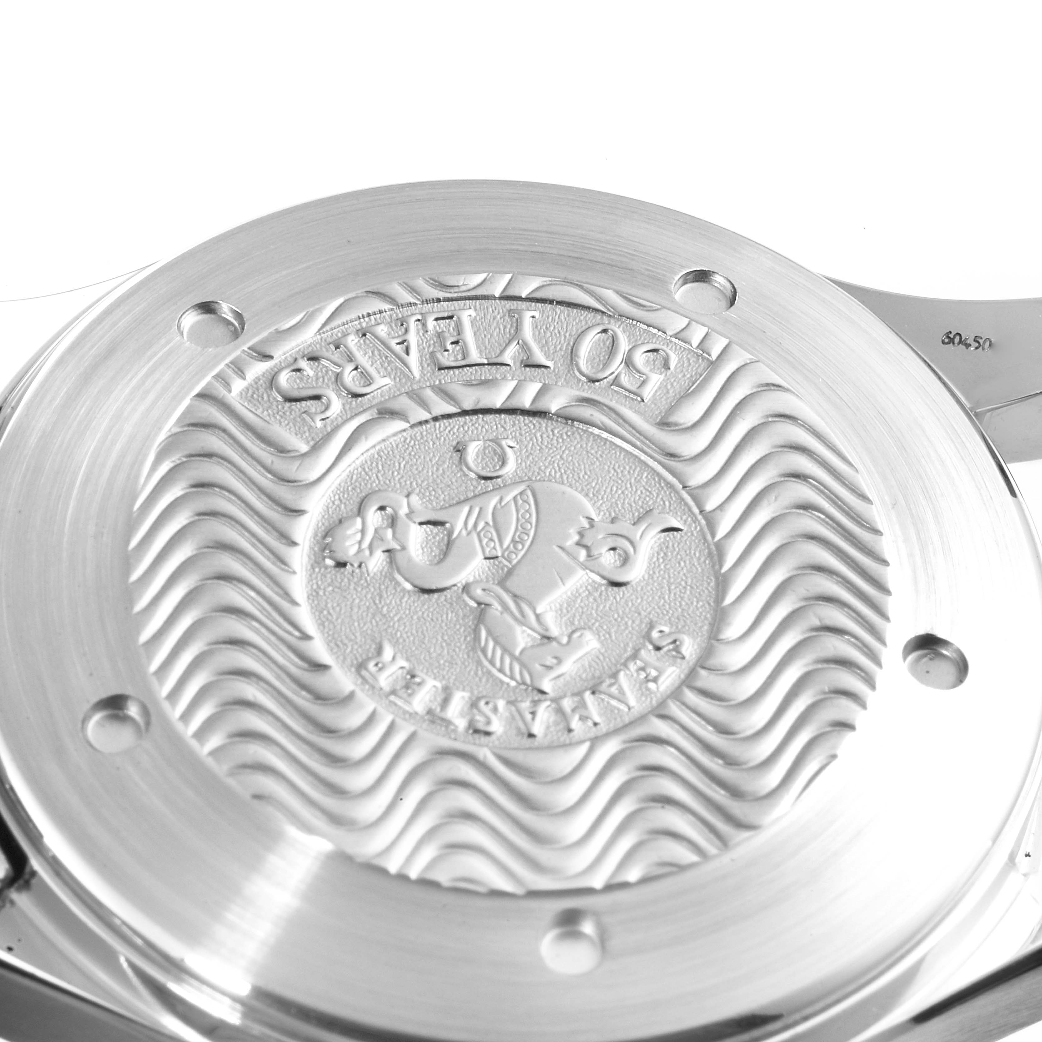 The image shows the back case of an Omega Seamaster 2234.50.00 Men's Stainless Steel Black Dial 2234.50.00 Men's Stainless Steel Black Dial watch, highlighting the "50 Years" commemorative engraving.