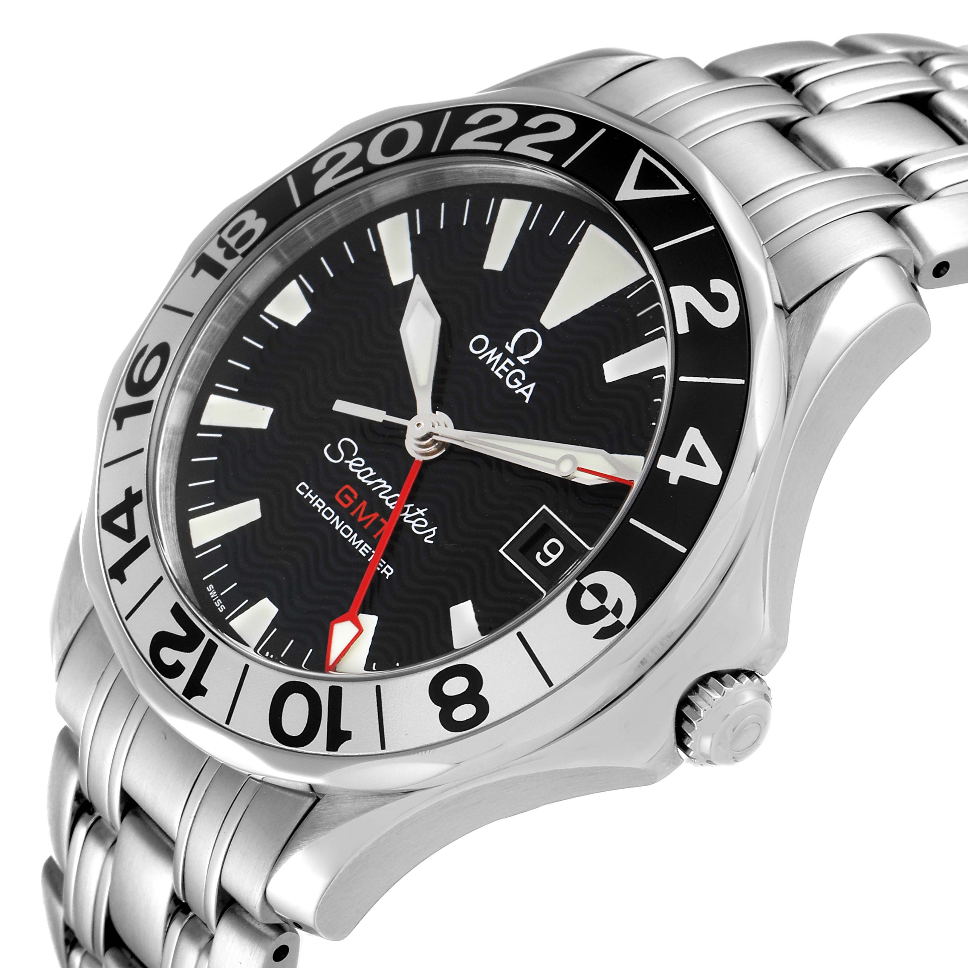 The Omega Seamaster 2234.50.00 Men's Stainless Steel Black Dial 2234.50.00 Men's Stainless Steel Black Dial watch is shown at a slight angle, highlighting the face, bezel, and part of the stainless steel bracelet.