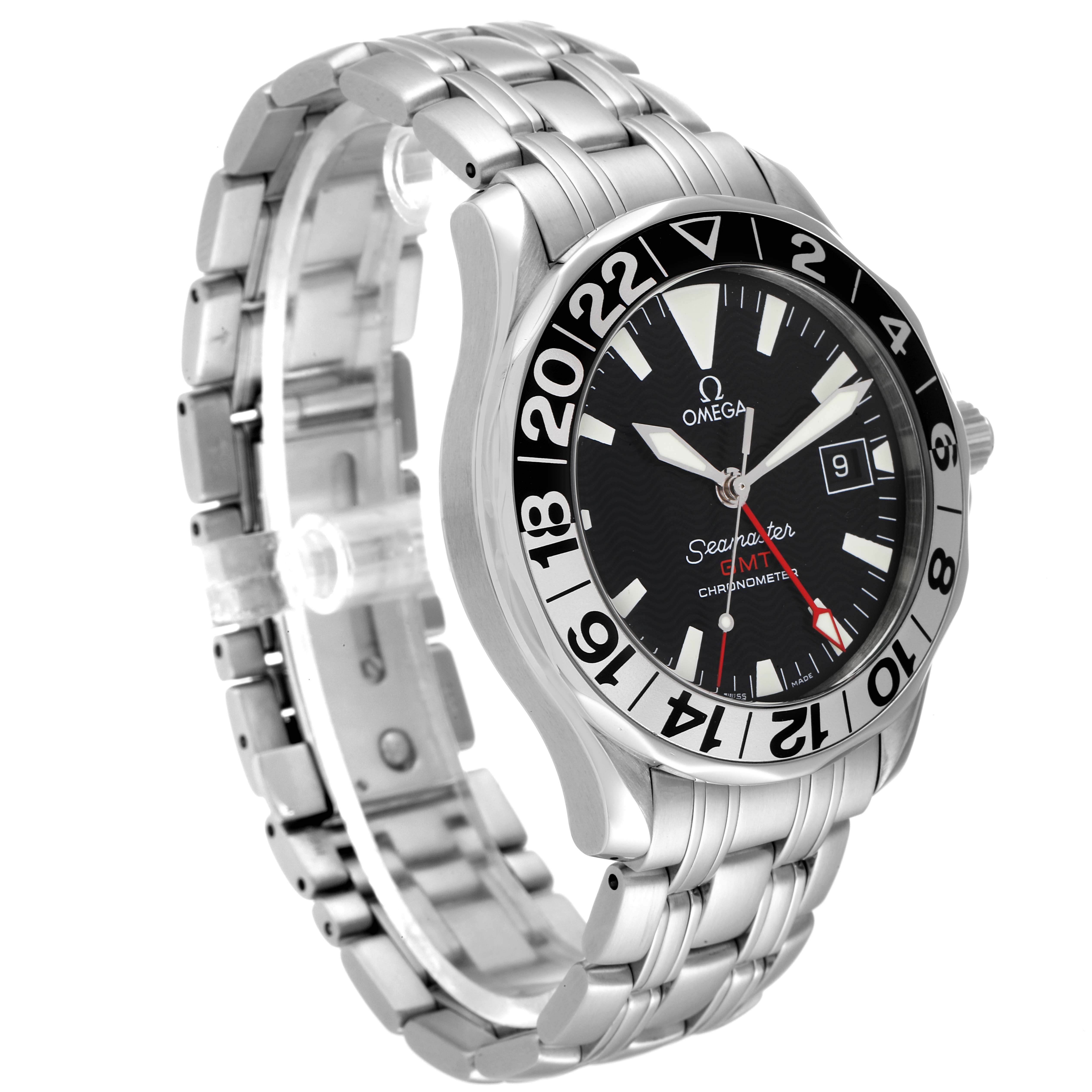This image shows an Omega Seamaster 2234.50.00 Men's Stainless Steel Black Dial 2234.50.00 Men's Stainless Steel Black Dial watch from a front-left angle, highlighting the dial, bezel, and metal bracelet.
