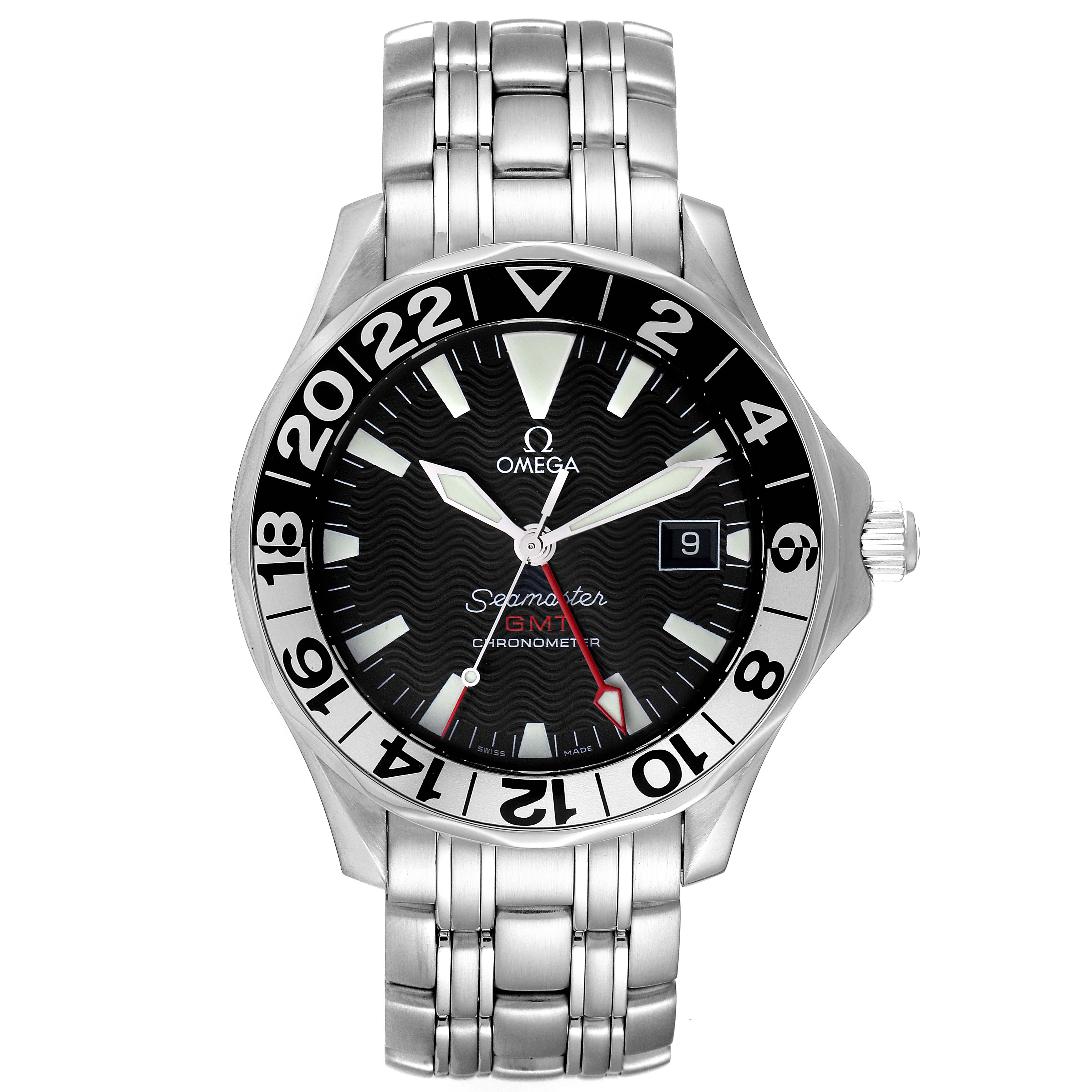 The image shows a front view of the Omega Seamaster 2234.50.00 Men's Stainless Steel Black Dial 2234.50.00 Men's Stainless Steel Black Dial watch, highlighting its face, bezel, and bracelet.