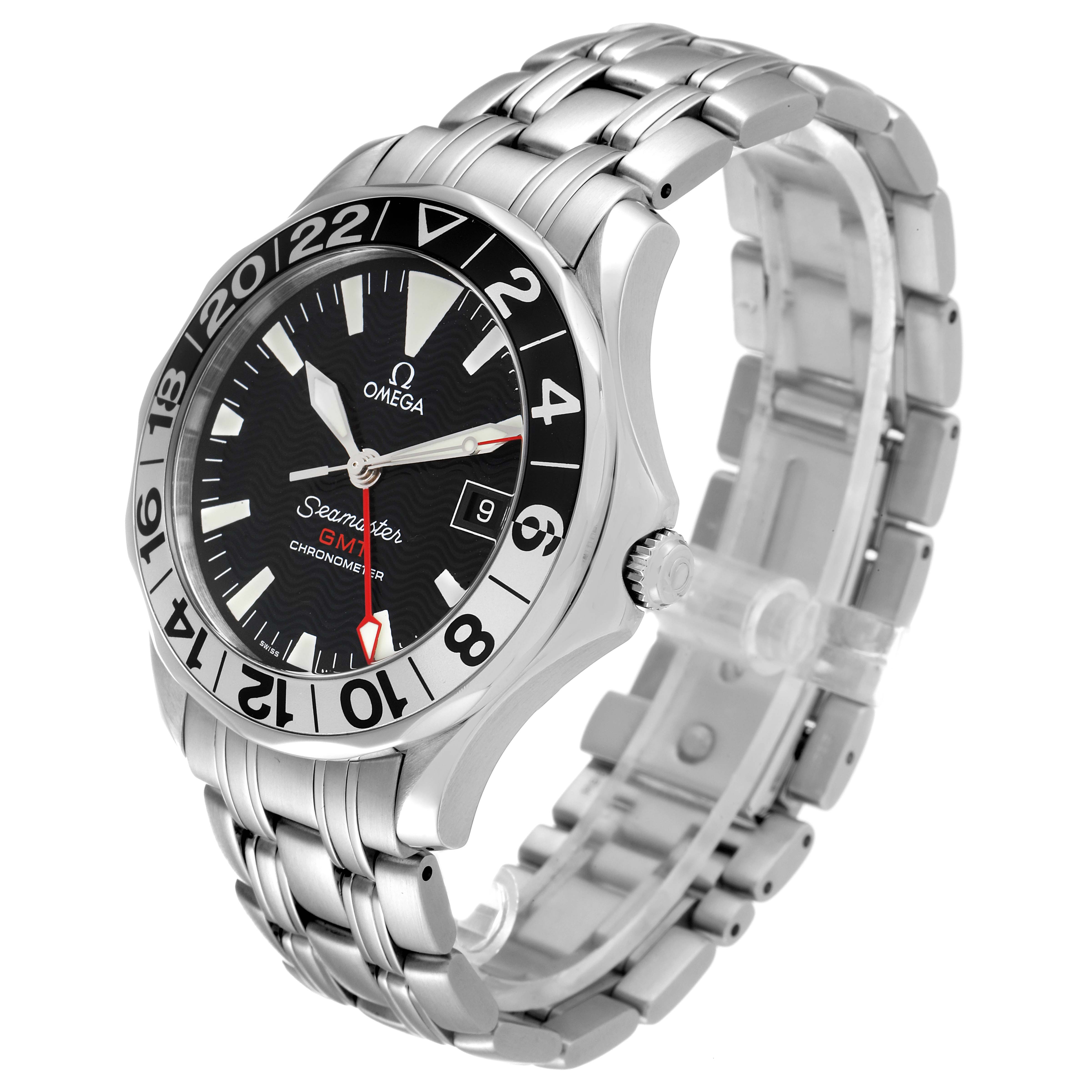 The image shows an angled view of the Omega Seamaster 2234.50.00 Men's Stainless Steel Black Dial 2234.50.00 Men's Stainless Steel Black Dial watch, highlighting the face, bezel, crown, and metal bracelet.