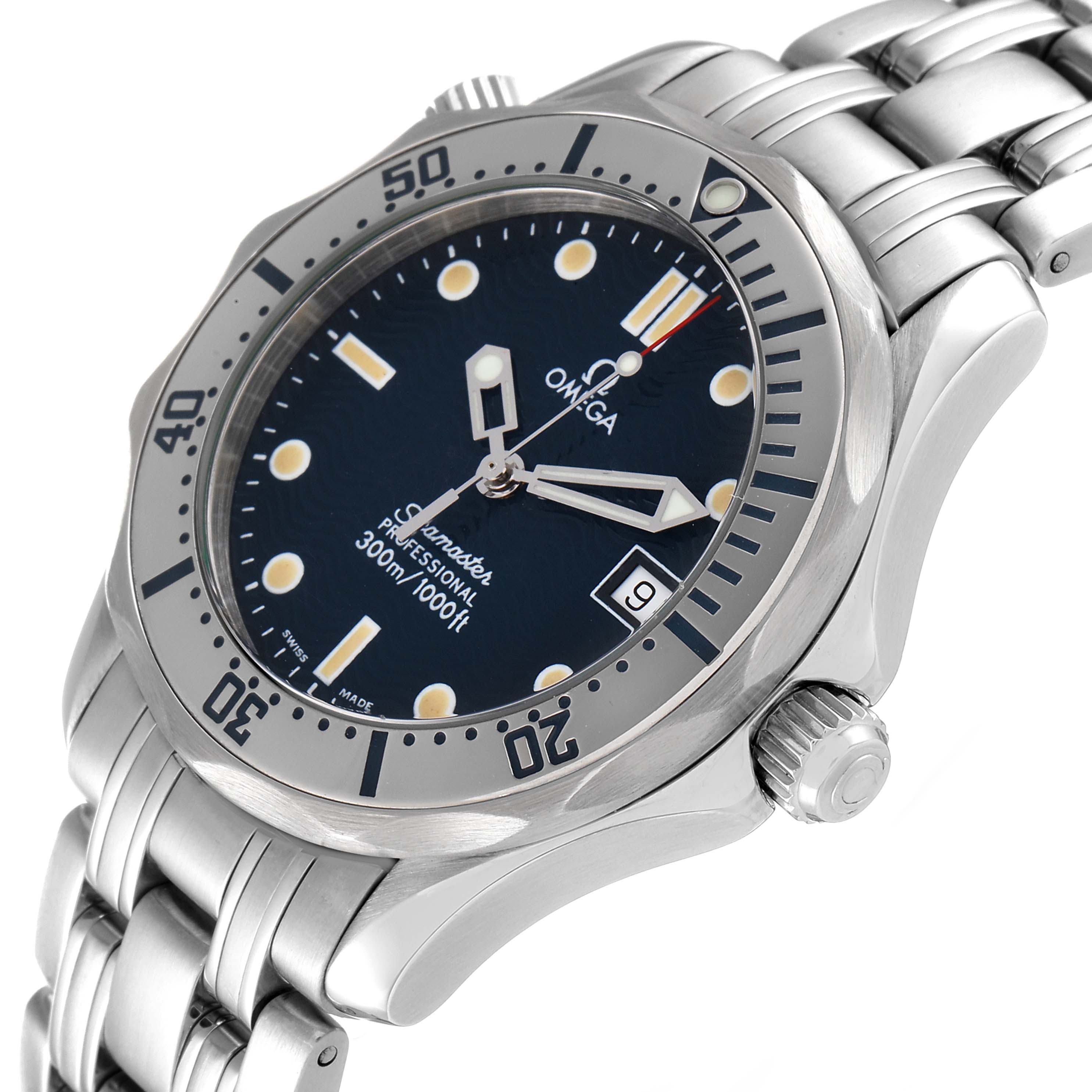 This image shows a close-up, angled view of the Omega Seamaster 2552.80.00 Men's Stainless Steel Blue Dial 2552.80.00 Men's Stainless Steel Blue Dial's face, bezel, crown, and part of the stainless steel bracelet.