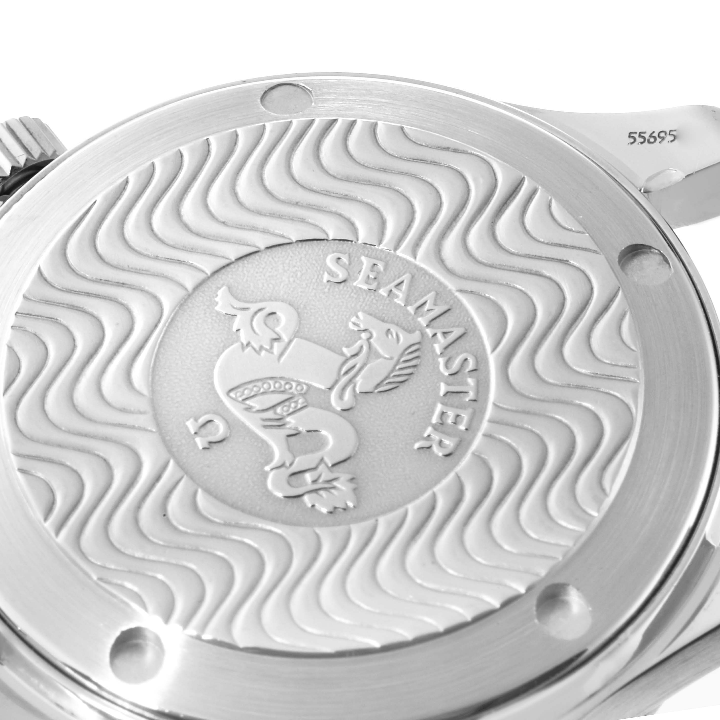 The image shows the back case of an Omega Seamaster 2552.80.00 Men's Stainless Steel Blue Dial 2552.80.00 Men's Stainless Steel Blue Dial watch, featuring its distinctive emblem and wave pattern.