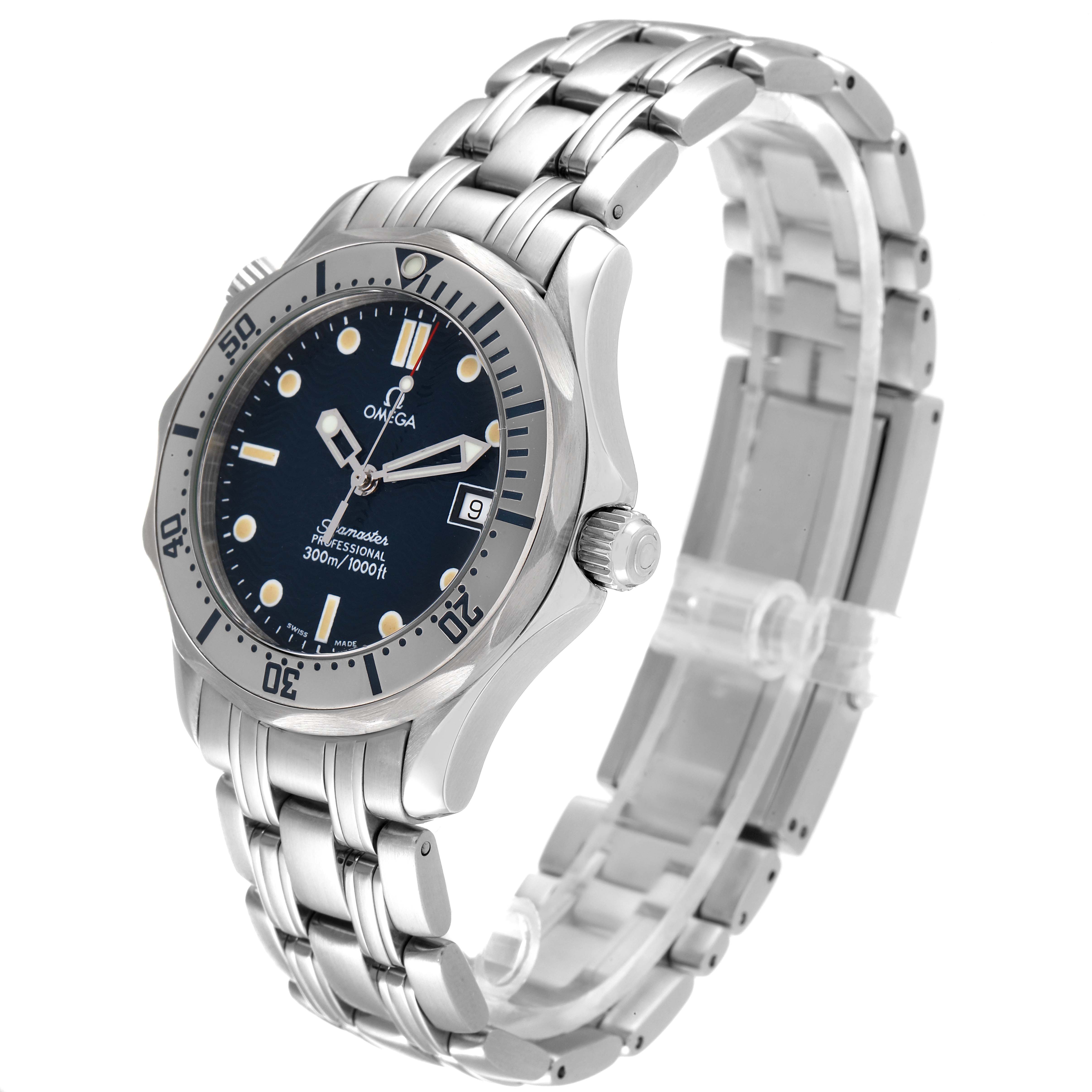 The image shows an angled side view of the Omega Seamaster 2552.80.00 Men's Stainless Steel Blue Dial 2552.80.00 Men's Stainless Steel Blue Dial watch, displaying its face, bezel, crown, and metal bracelet.