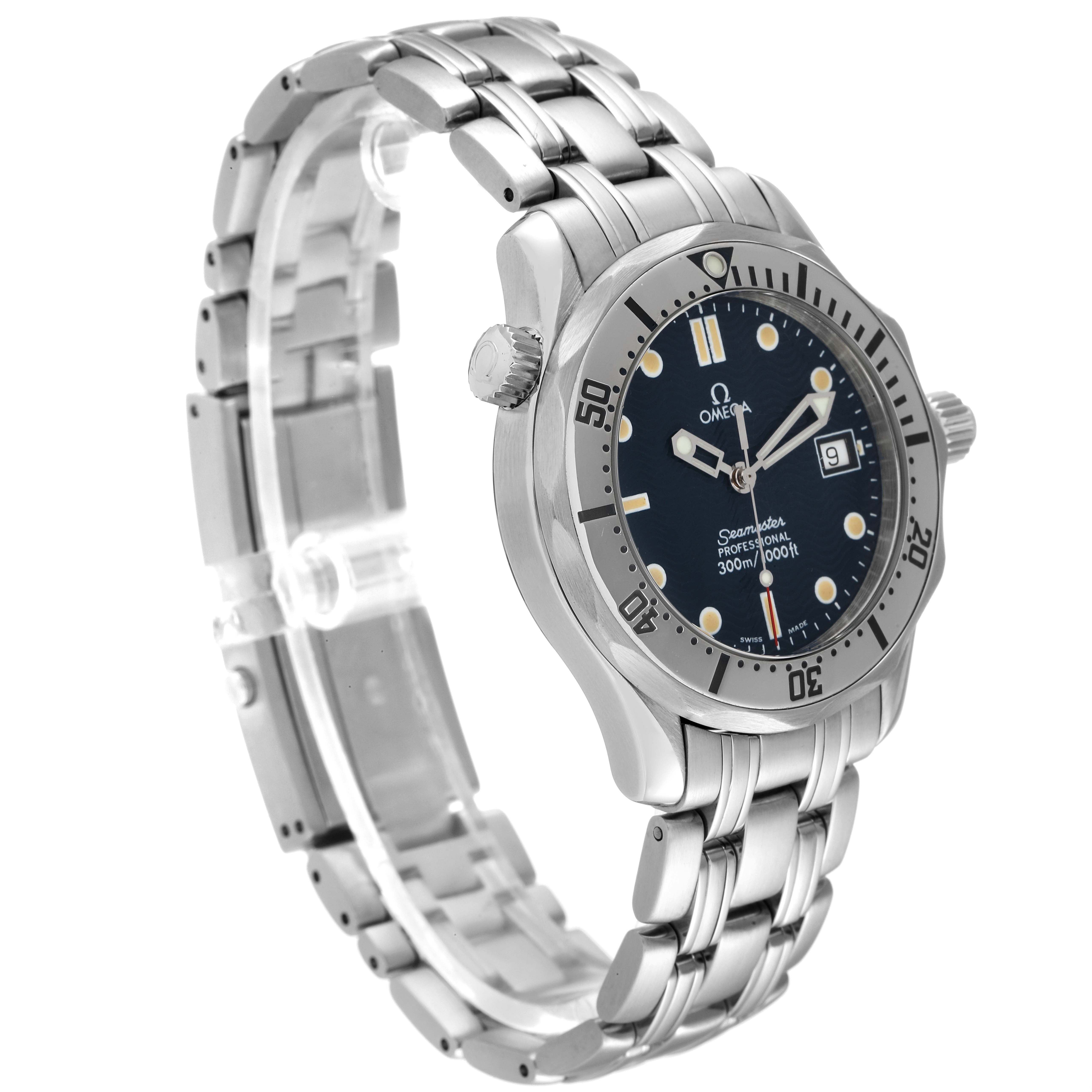 The image shows an Omega Seamaster 2552.80.00 Men's Stainless Steel Blue Dial 2552.80.00 Men's Stainless Steel Blue Dial watch at a slightly angled side view, detailing the bezel, crown, dial, and metal bracelet.