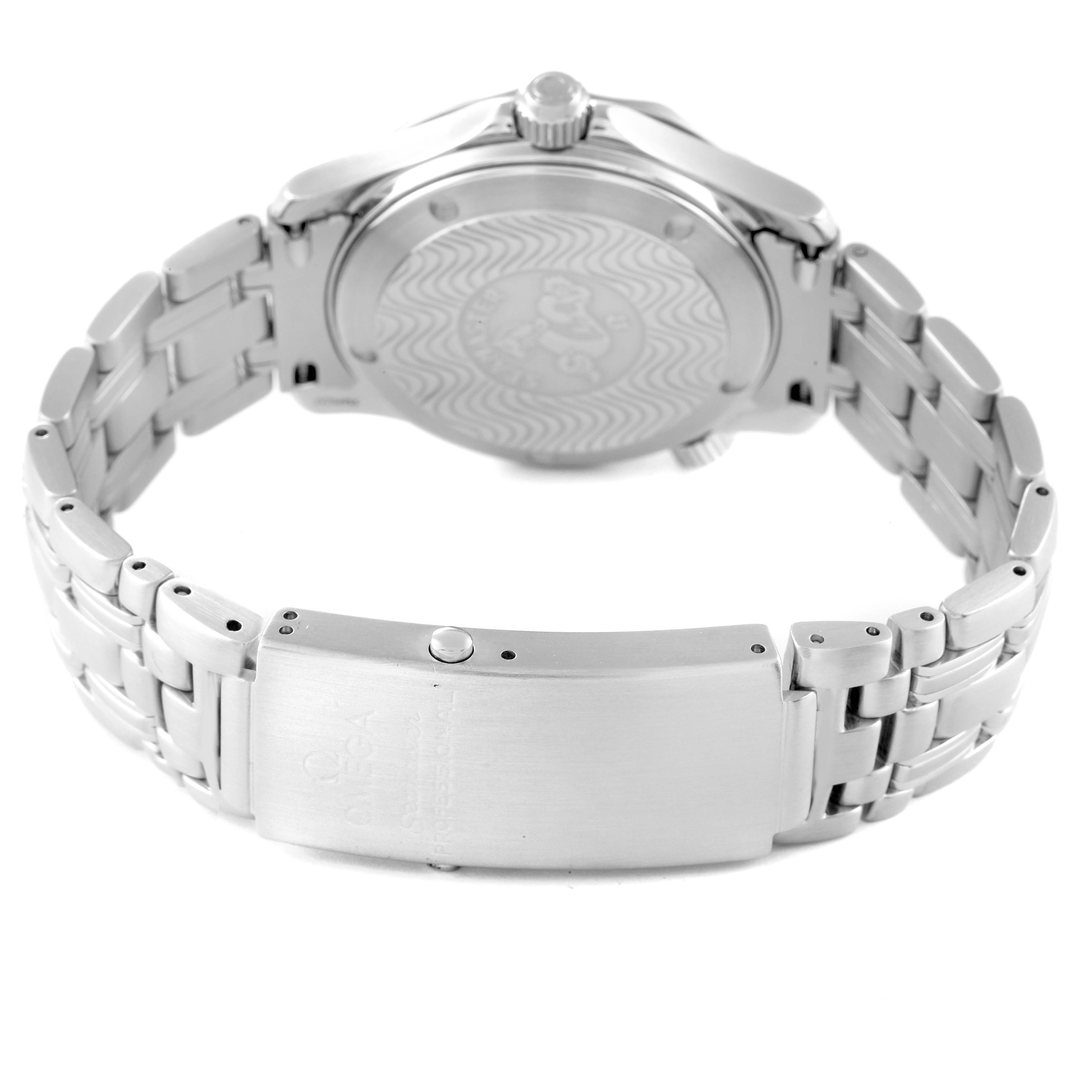 The image shows the back angle of the Omega Seamaster 2552.80.00 Men's Stainless Steel Blue Dial 2552.80.00 Men's Stainless Steel Blue Dial watch, highlighting its case back and metal bracelet.