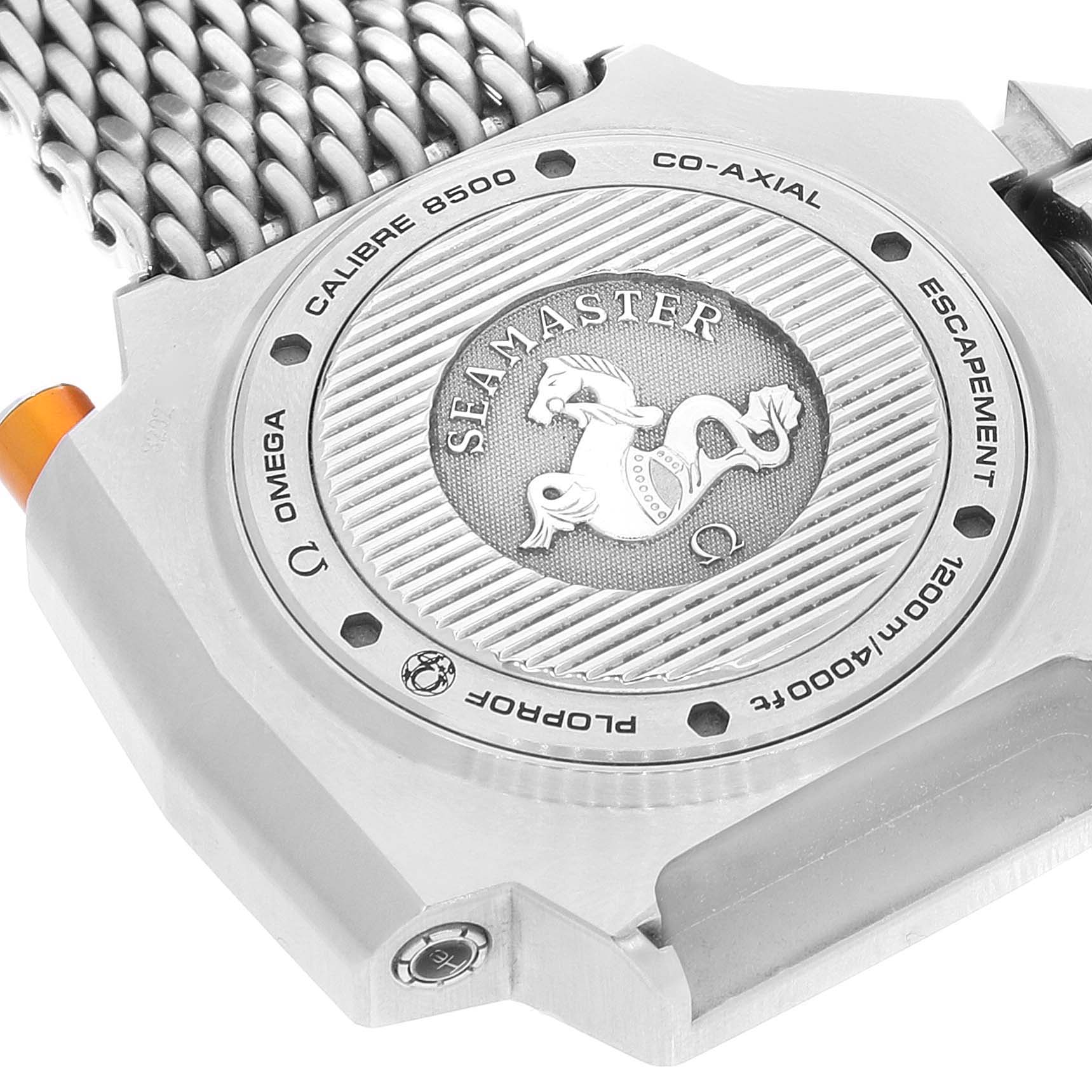 The image shows the back case of an Omega Ploprof 224.30.55.21.04.001 Men
s Stainless Steel White Dial 224.30.55.21.04.001 Men
s Stainless Steel White Dial Seamaster watch, highlighting the model details and bracelet attachment.