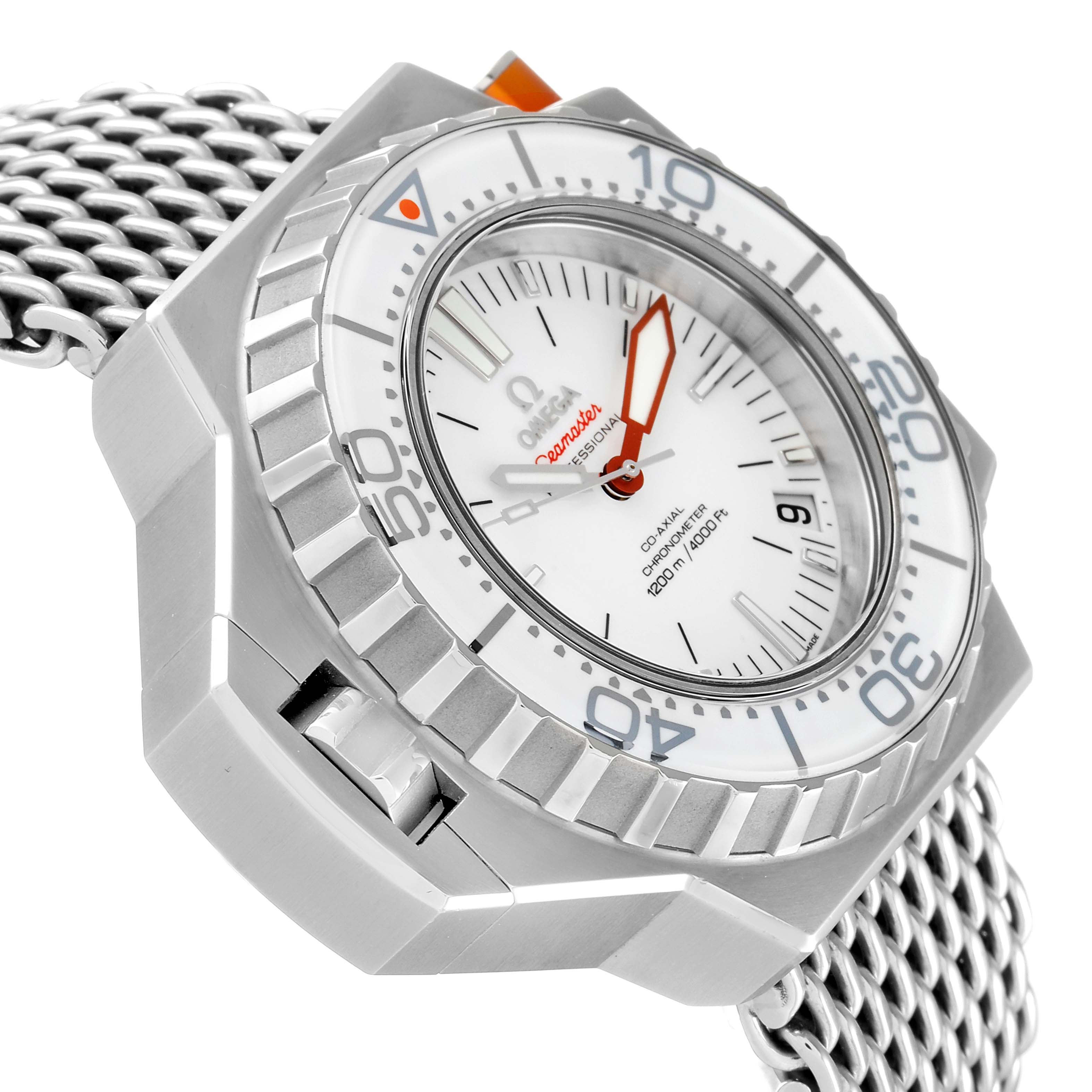 This image shows a close-up, angled view of the Omega Ploprof 224.30.55.21.04.001 Men
s Stainless Steel White Dial 224.30.55.21.04.001 Men
s Stainless Steel White Dial watch face and bezel, displaying its mesh bracelet and distinctive features.