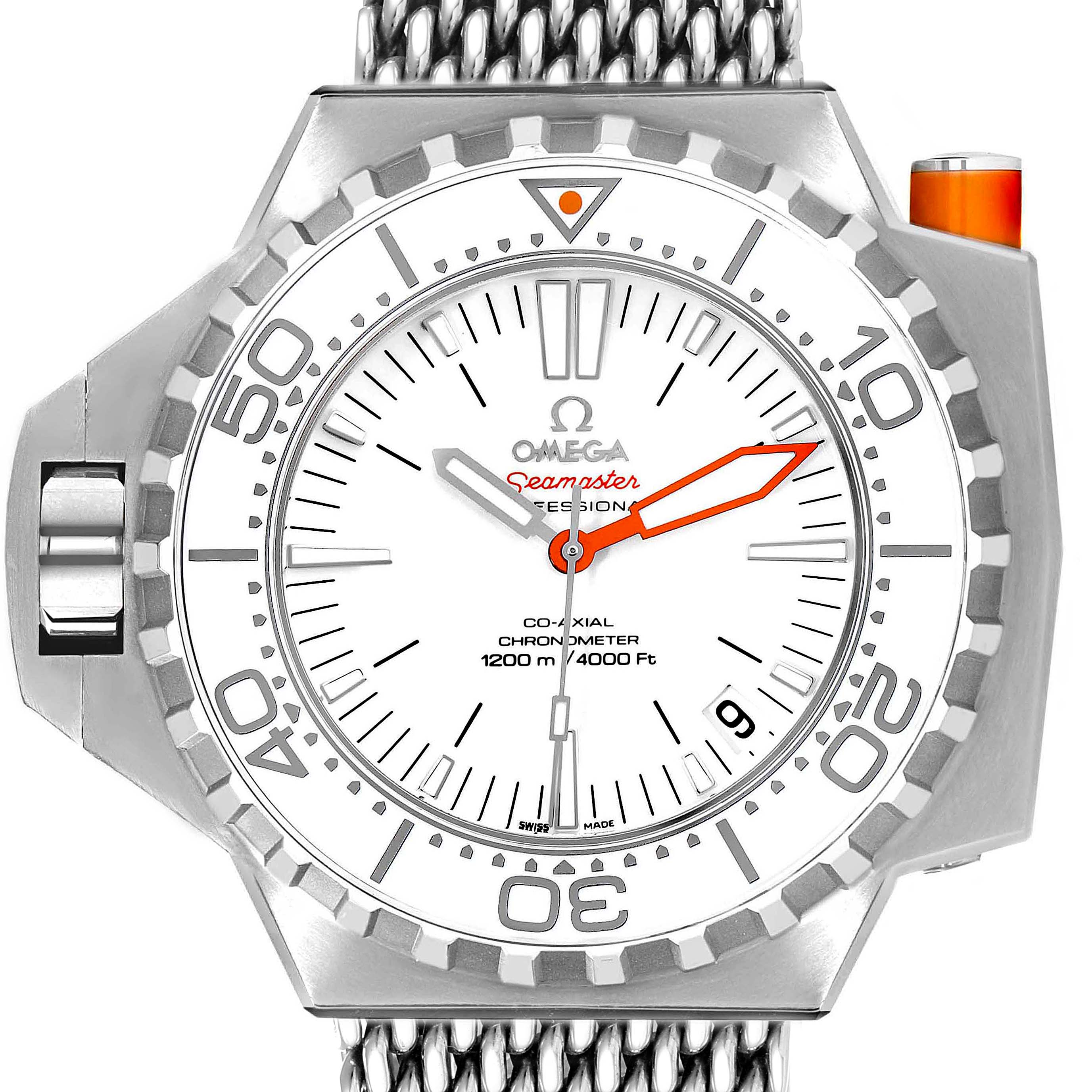 This image shows the front view of an Omega Seamaster Ploprof watch, highlighting the dial, bezel, and mesh bracelet.