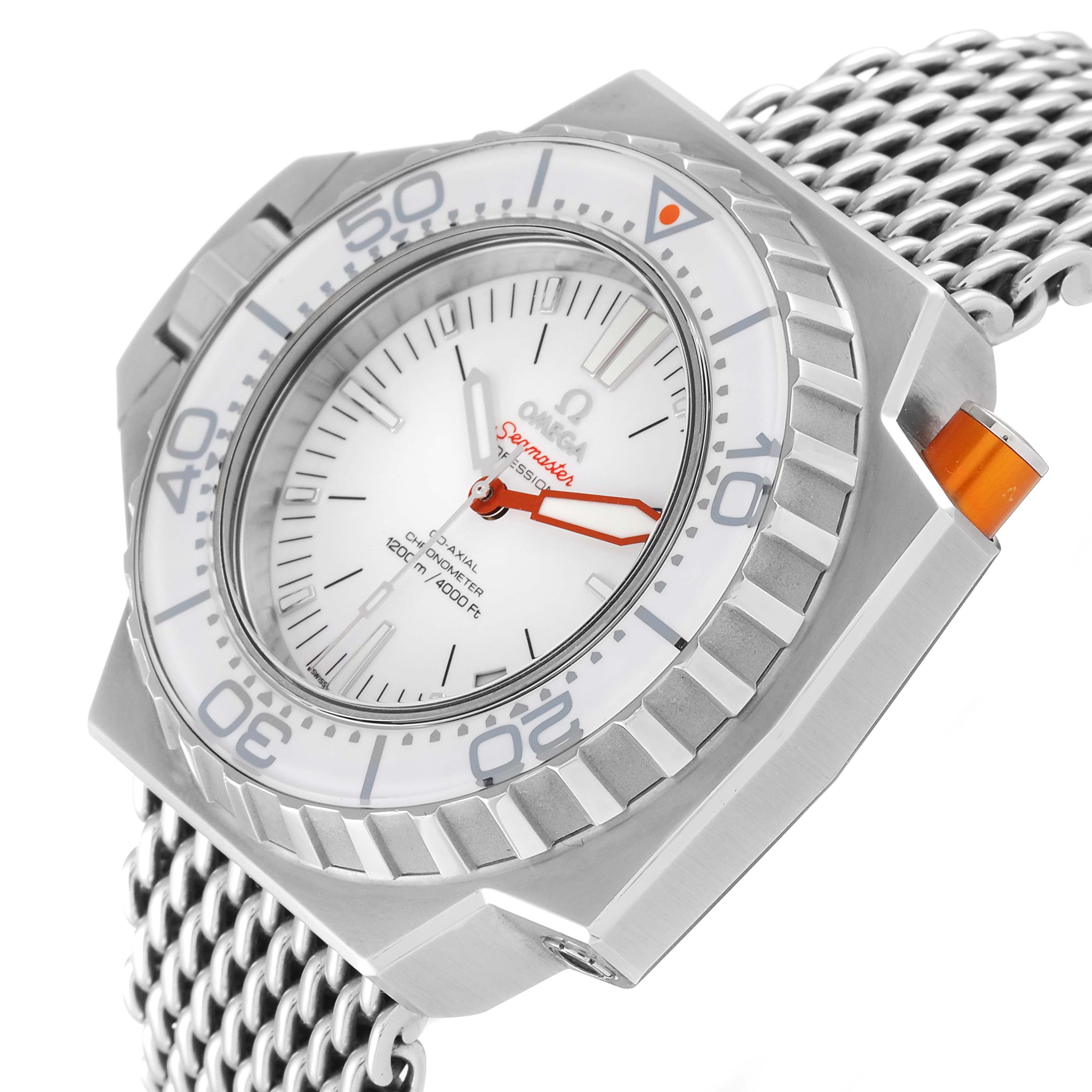 This image shows an angled view of the Omega Ploprof 224.30.55.21.04.001 Men
s Stainless Steel White Dial 224.30.55.21.04.001 Men
s Stainless Steel White Dial watch, featuring the case, bezel, dial, and mesh bracelet.