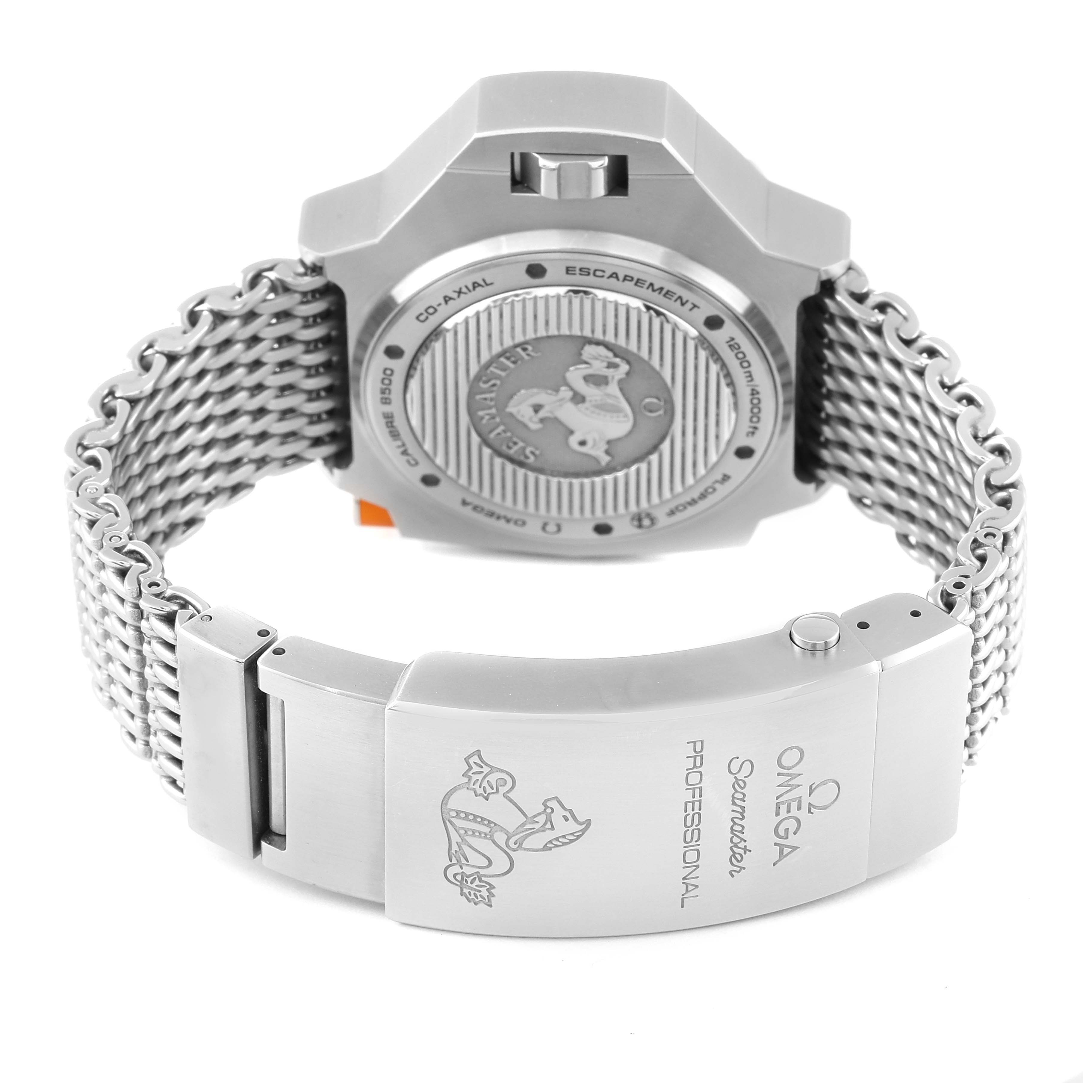 The image shows the back of the Omega Ploprof 224.30.55.21.04.001 Men
s Stainless Steel White Dial 224.30.55.21.04.001 Men
s Stainless Steel White Dial watch, highlighting the case back and metal bracelet with clasp.