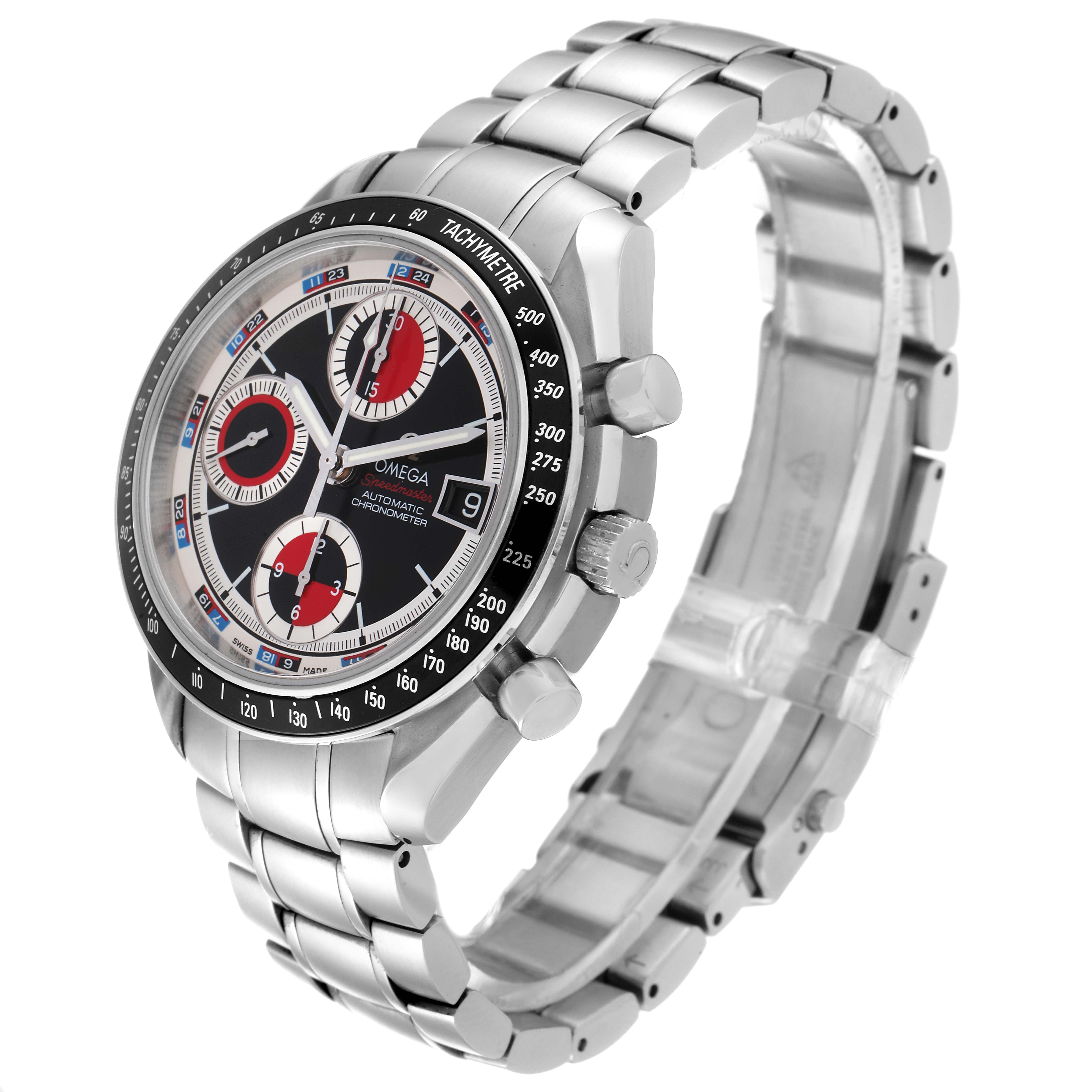 This image shows a side view of the Omega Seamaster 3210.52.00 Men's Stainless Steel Black Dial 3210.52.00 Men's Stainless Steel Black Dial watch, highlighting the watch face, crown, pushers, and stainless steel bracelet.