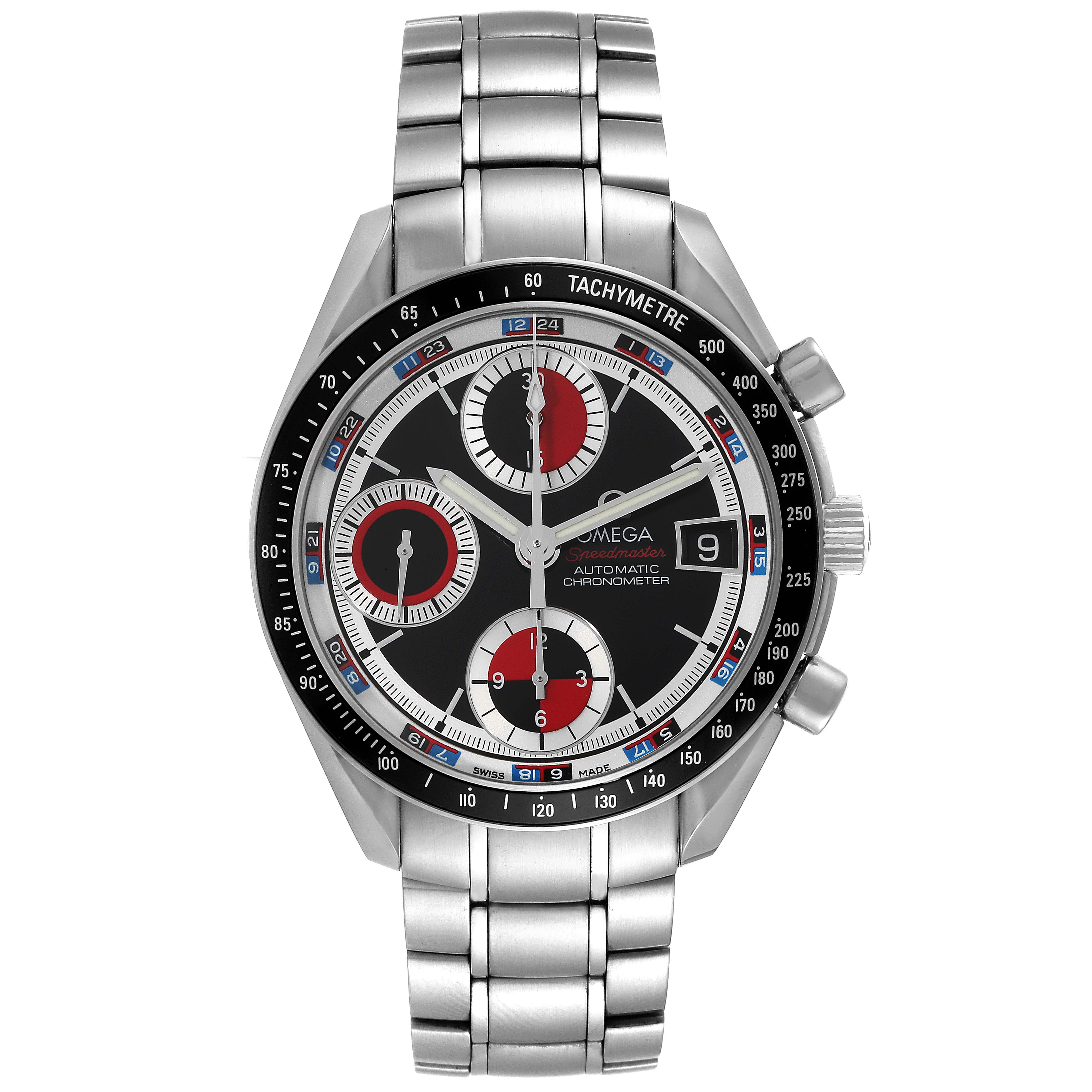 The image shows a front view of an Omega Seamaster 3210.52.00 Men's Stainless Steel Black Dial 3210.52.00 Men's Stainless Steel Black Dial watch featuring a metal band, black dial, and multiple subdials.