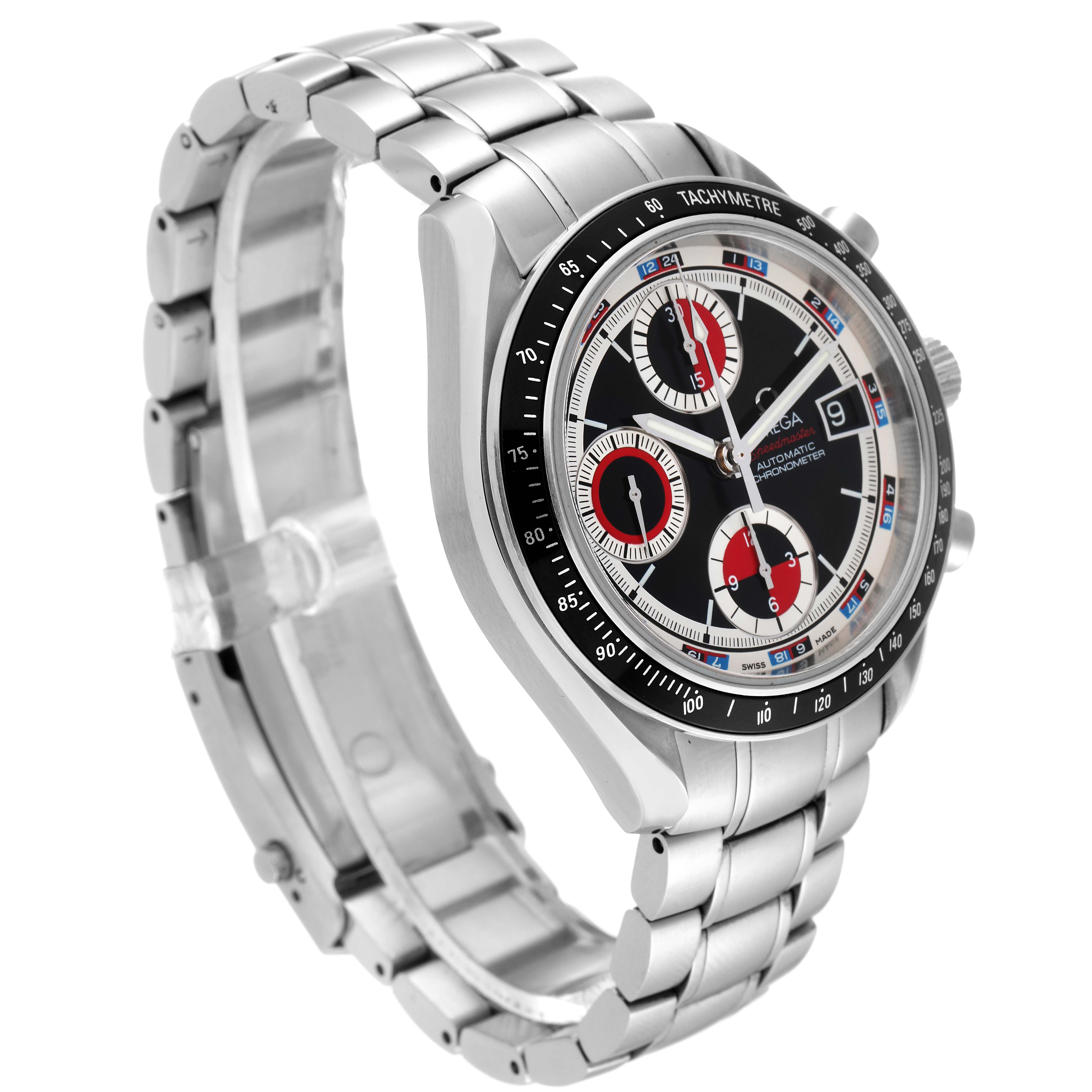 The image shows an Omega Seamaster 3210.52.00 Men's Stainless Steel Black Dial 3210.52.00 Men's Stainless Steel Black Dial watch at an angle highlighting the bracelet, bezel, dial, and chronograph features.