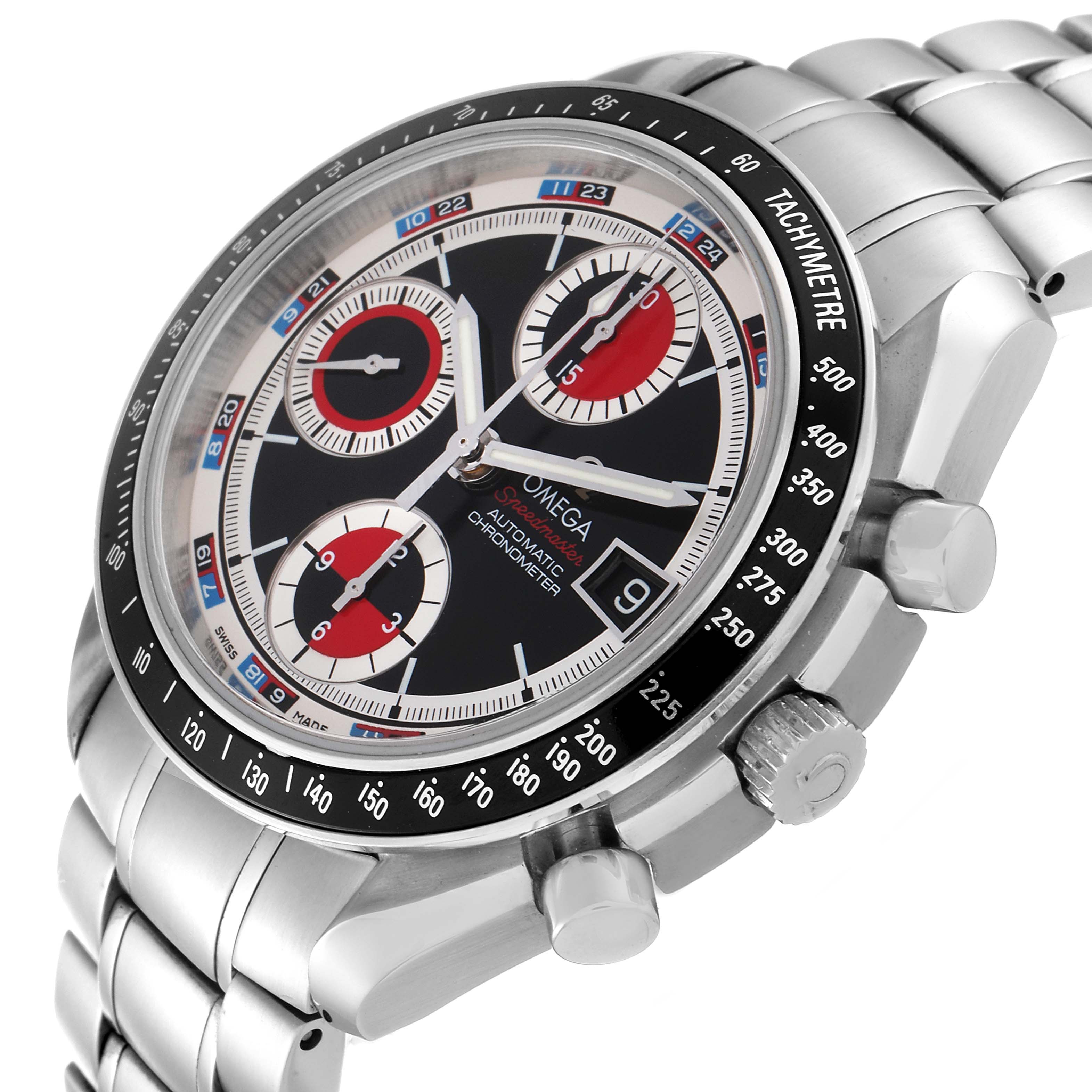 This Omega Seamaster 3210.52.00 Men's Stainless Steel Black Dial 3210.52.00 Men's Stainless Steel Black Dial watch is shown from a front-diagonal angle, highlighting its face, bezel, and crown.