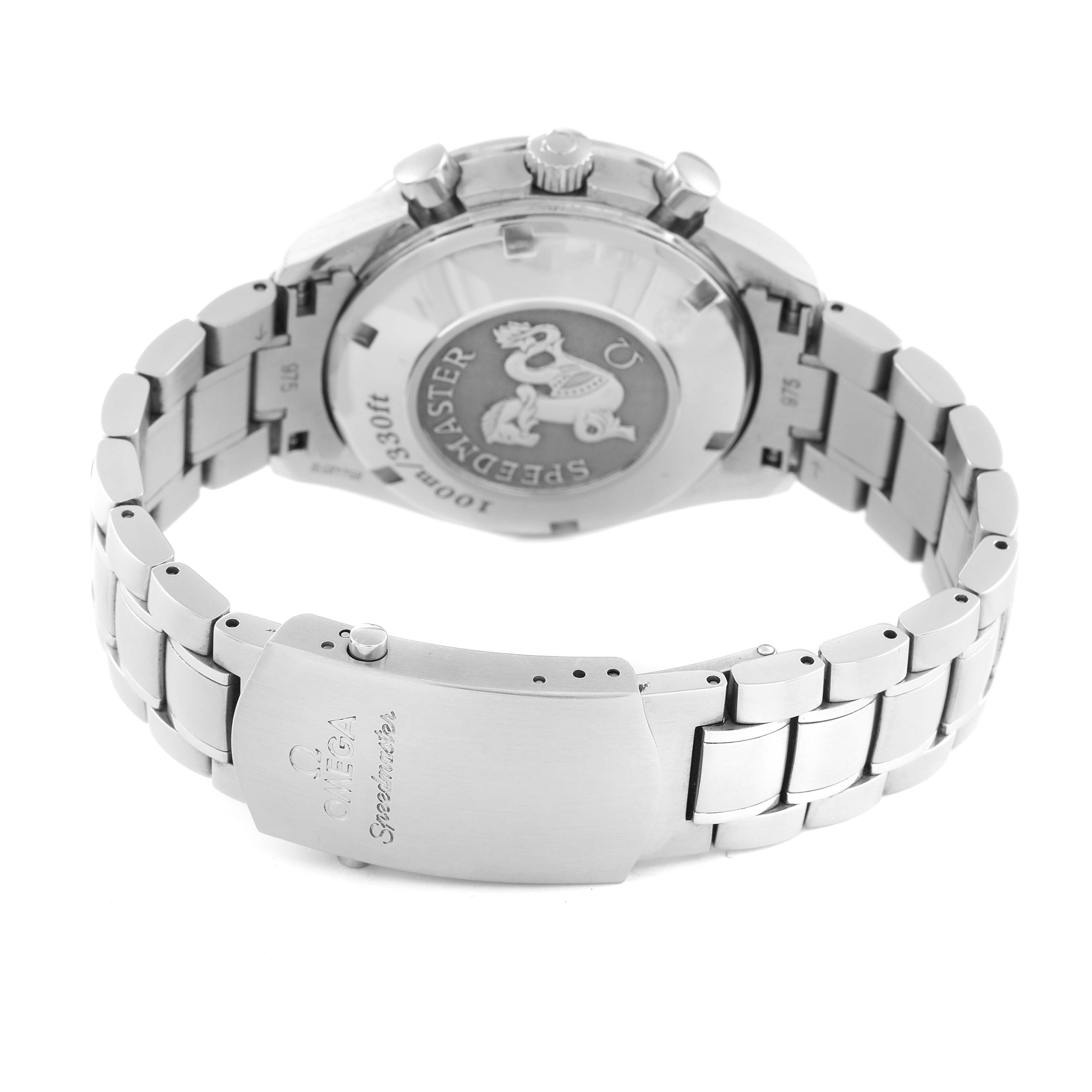 The image shows the back case and clasp of an Omega Seamaster 3210.52.00 Men's Stainless Steel Black Dial 3210.52.00 Men's Stainless Steel Black Dial watch, featuring the brand logo and model engraving.