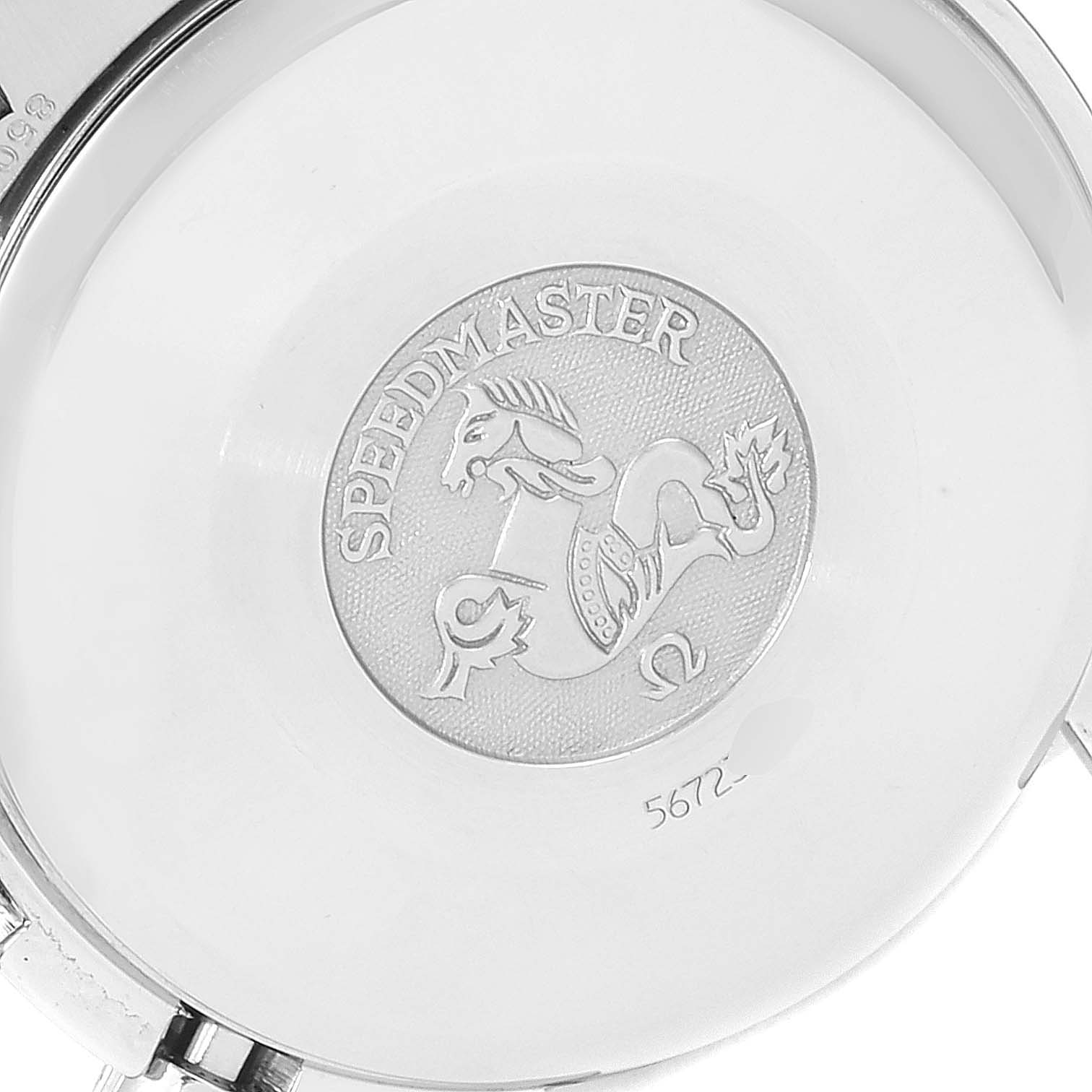 This image shows the back case of an Omega Speedmaster 3513.33.00 Men
s Stainless Steel White Dial 3513.33.00 Men
s Stainless Steel White Dial watch, featuring the engraved logo and model name.