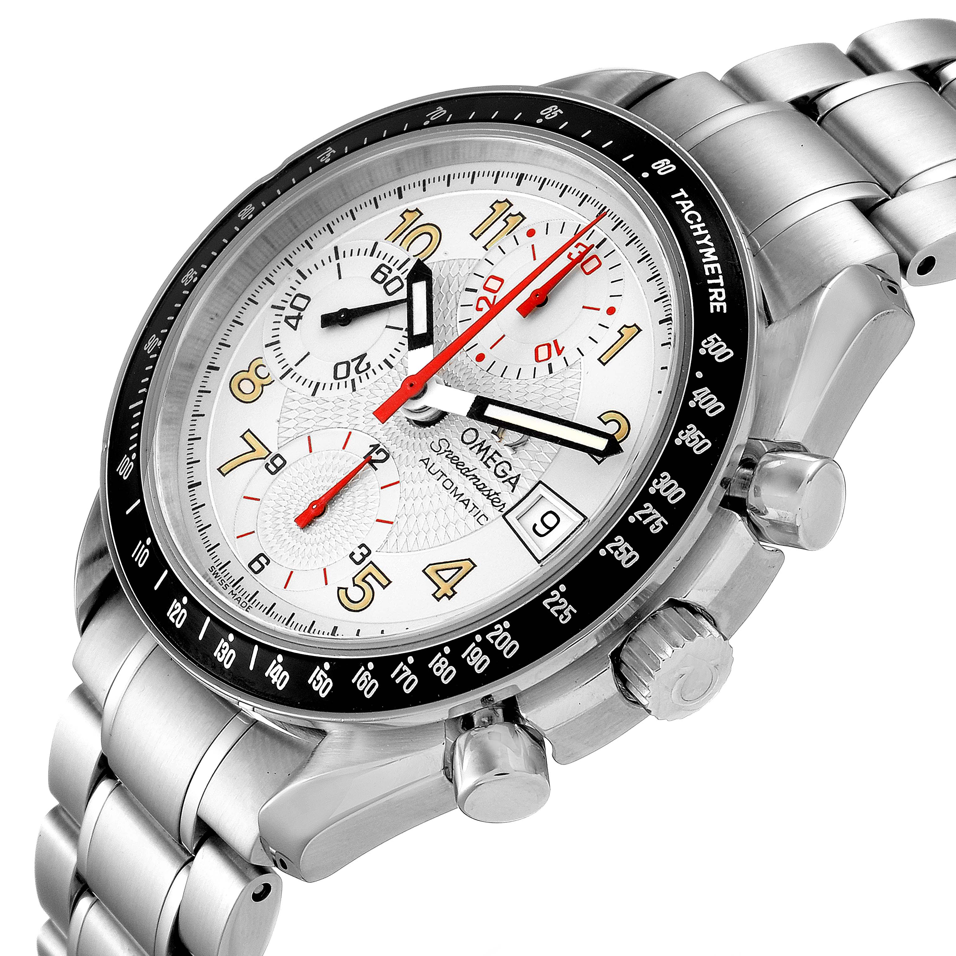 The image shows a side angle view of the Omega Speedmaster 3513.33.00 Men
s Stainless Steel White Dial 3513.33.00 Men
s Stainless Steel White Dial watch, highlighting the bezel, dial, pushers, and bracelet.