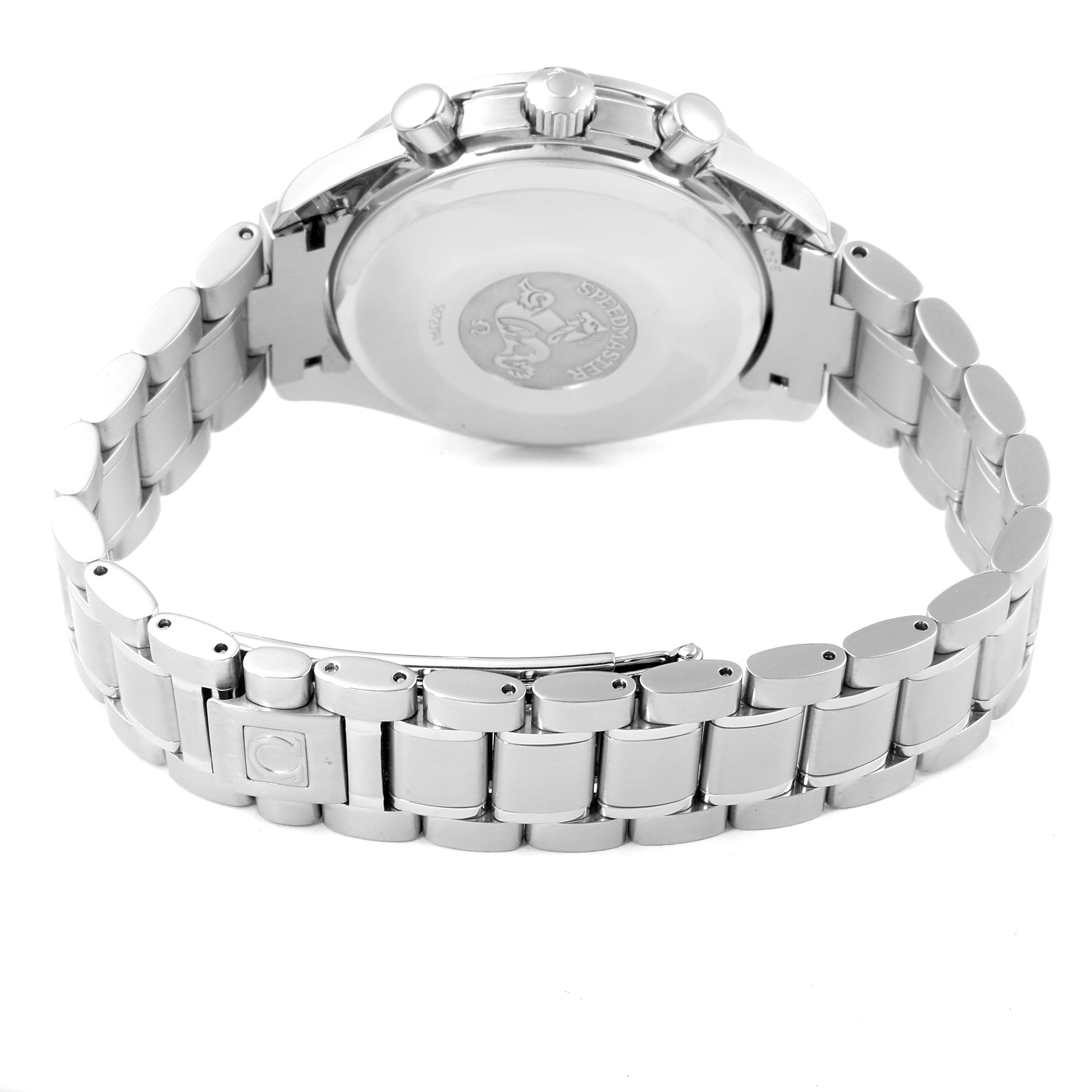 This image shows the back view of the Omega Speedmaster 3513.33.00 Men
s Stainless Steel White Dial 3513.33.00 Men
s Stainless Steel White Dial watch, focusing on its case back and stainless steel bracelet.