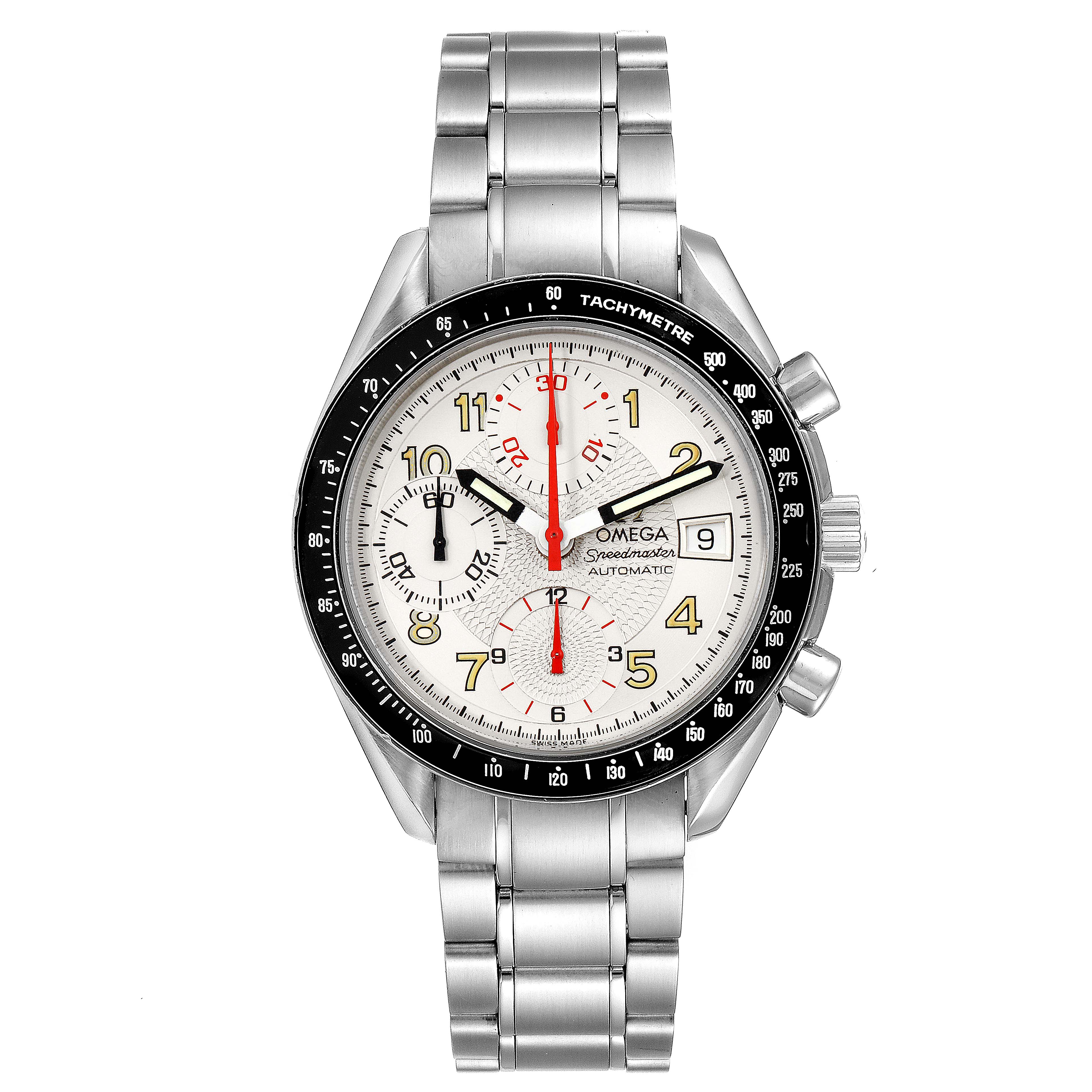 The Omega Speedmaster 3513.33.00 Men
s Stainless Steel White Dial 3513.33.00 Men
s Stainless Steel White Dial watch is shown from a top-down angle, displaying its dial, bezel, and bracelet.