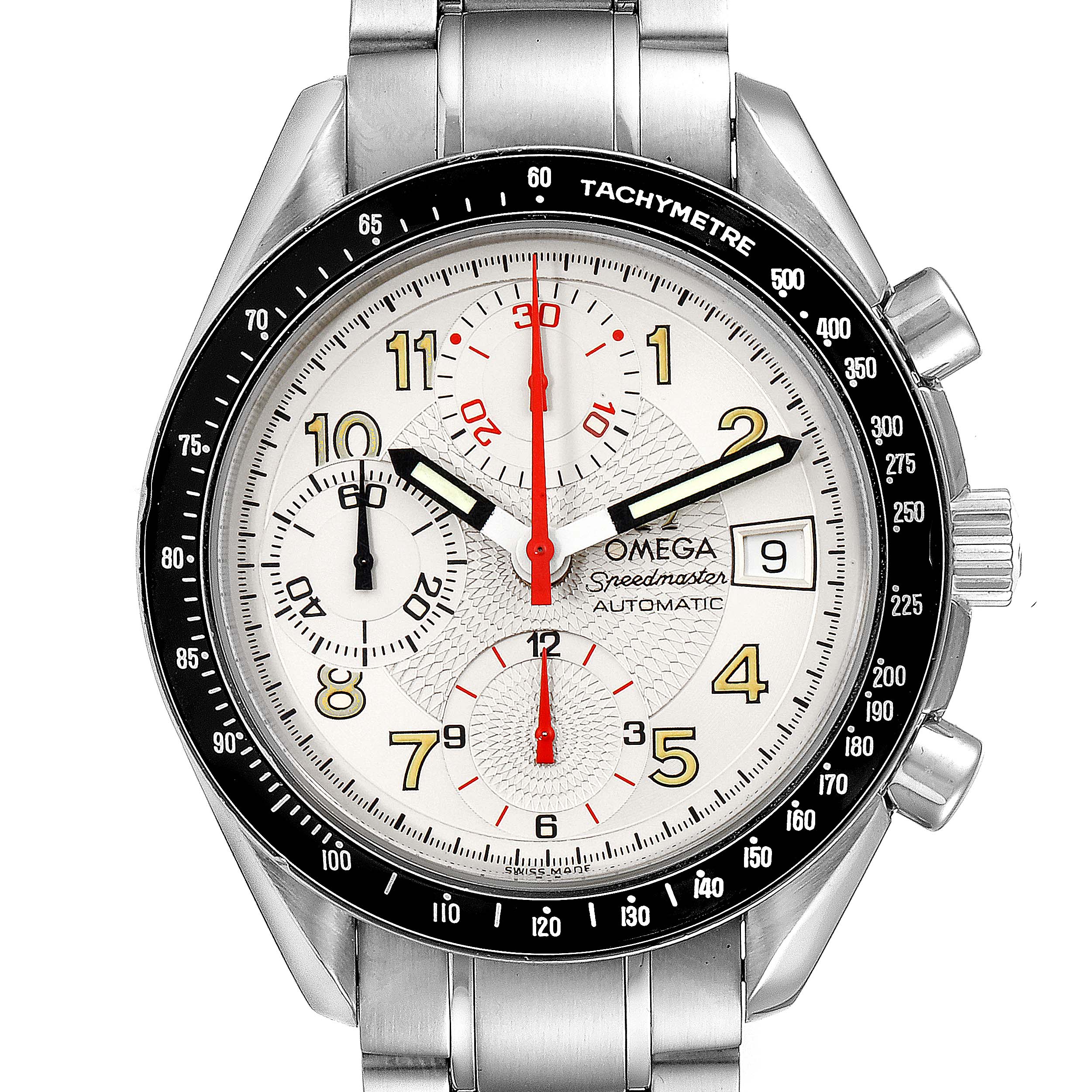 The image shows a frontal view of the Omega Speedmaster 3513.33.00 Men
s Stainless Steel White Dial 3513.33.00 Men
s Stainless Steel White Dial watch, featuring its dial, tachymetre bezel, date, and chronograph subdials.