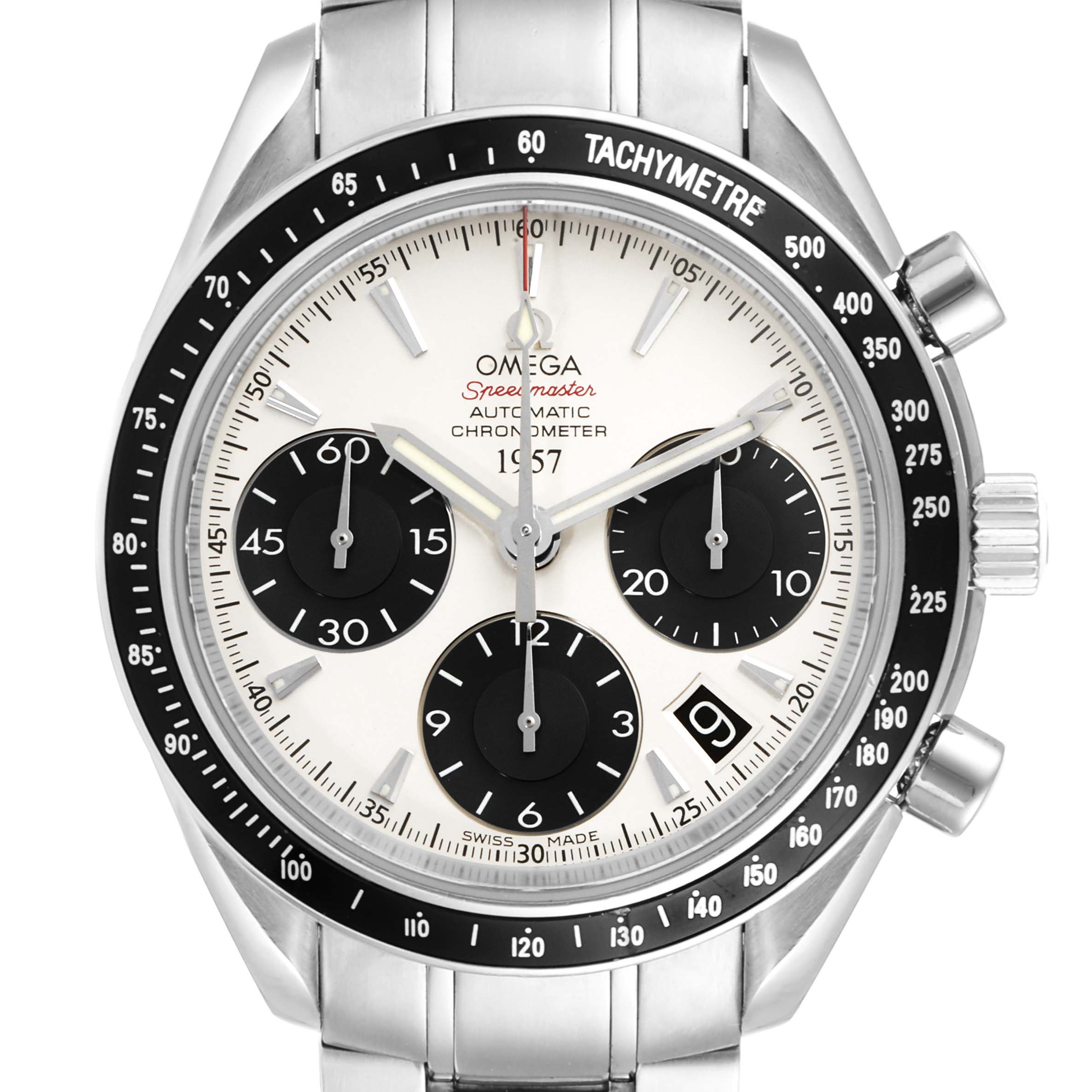 The image shows the face of an Omega Speedmaster 323.30.40.40.02.001 Men's Stainless Steel White Dial 323.30.40.40.02.001 Men's Stainless Steel White Dial watch, highlighting its chronograph dials, tachymeter bezel, and date window.