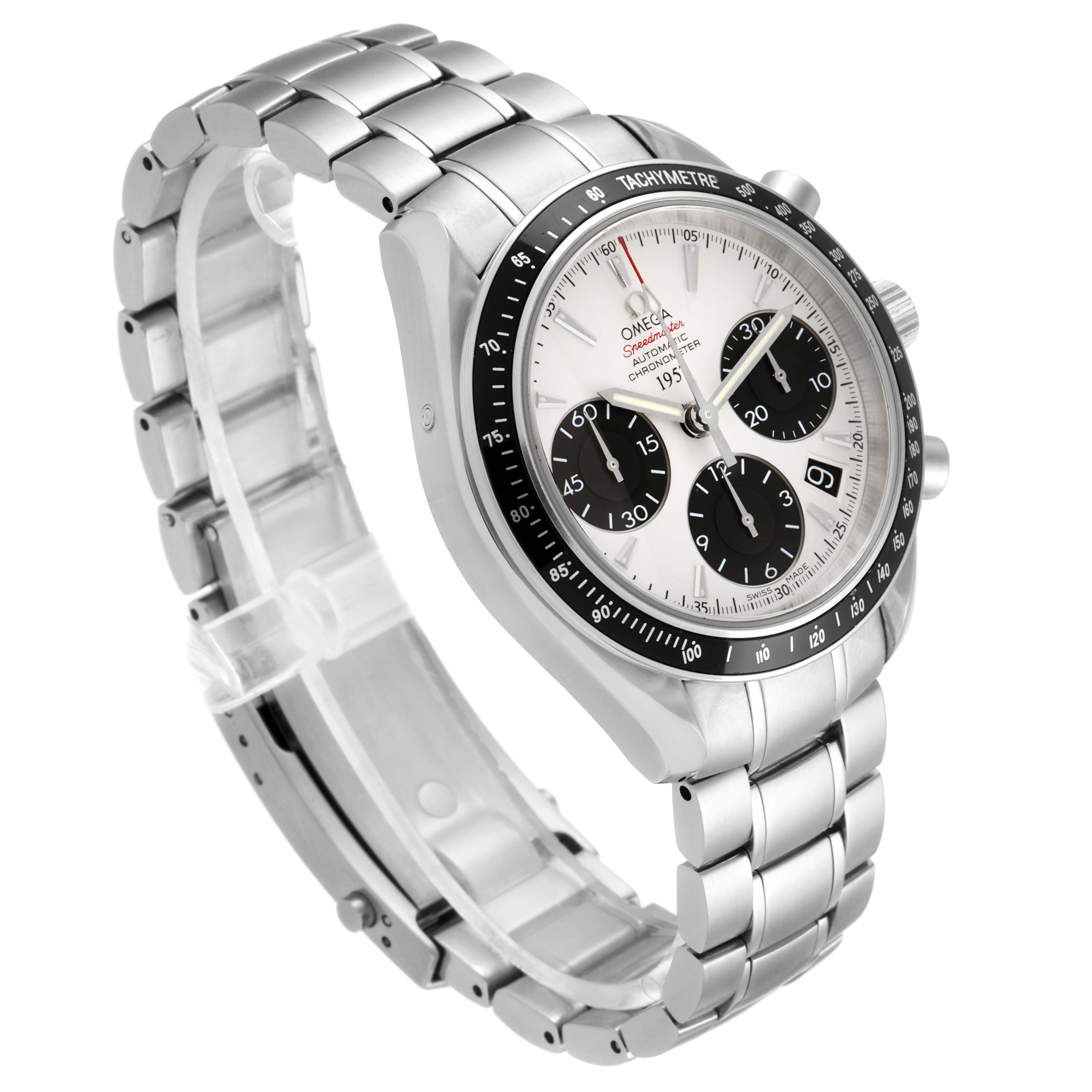 The image shows an Omega Speedmaster 323.30.40.40.02.001 Men's Stainless Steel White Dial 323.30.40.40.02.001 Men's Stainless Steel White Dial watch from a left side angle, highlighting its dial, bezel, and metal bracelet.