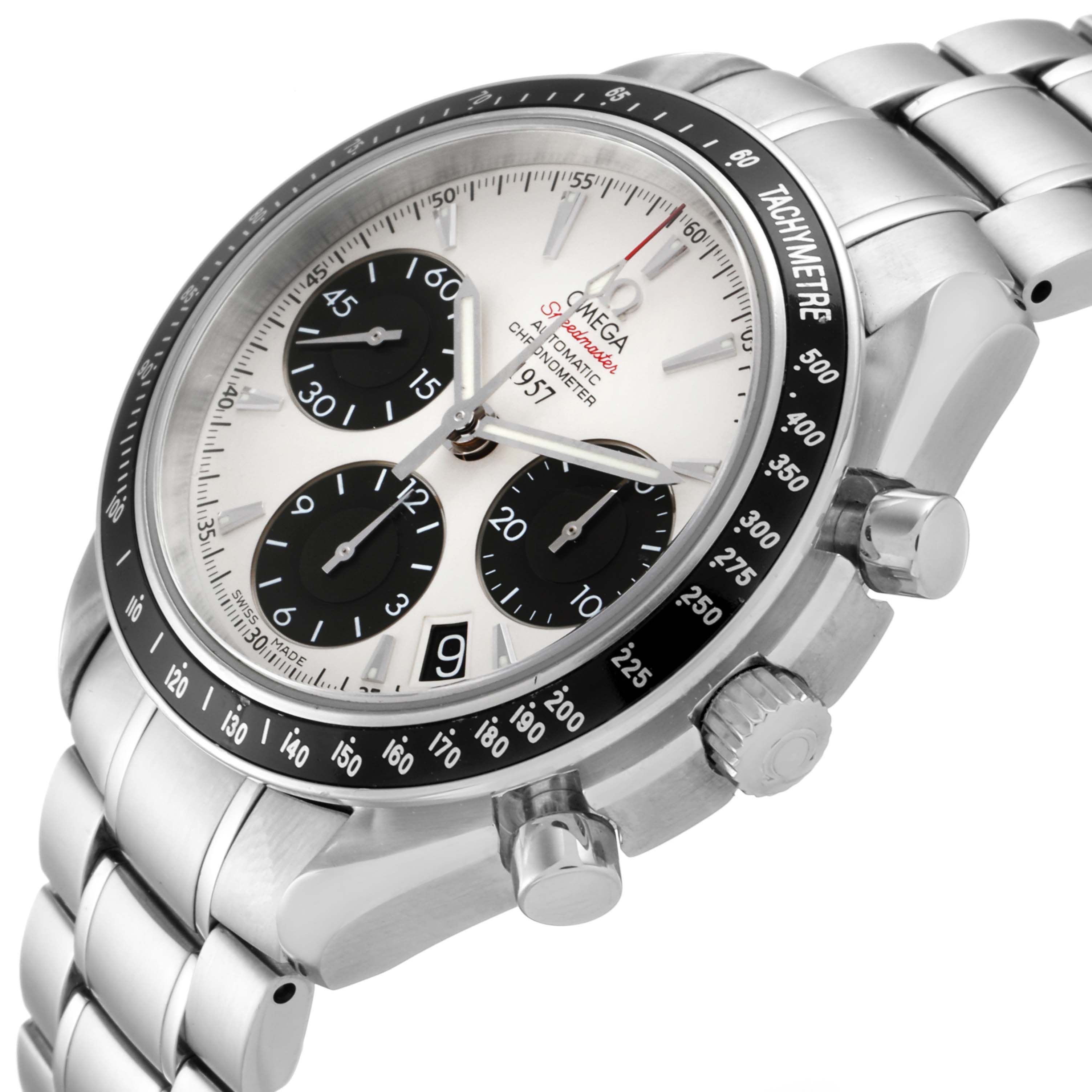 The image shows an angled view of the Omega Speedmaster 323.30.40.40.02.001 Men's Stainless Steel White Dial 323.30.40.40.02.001 Men's Stainless Steel White Dial watch, displaying its case, dial, subdials, tachymeter bezel, and part of the bracelet.