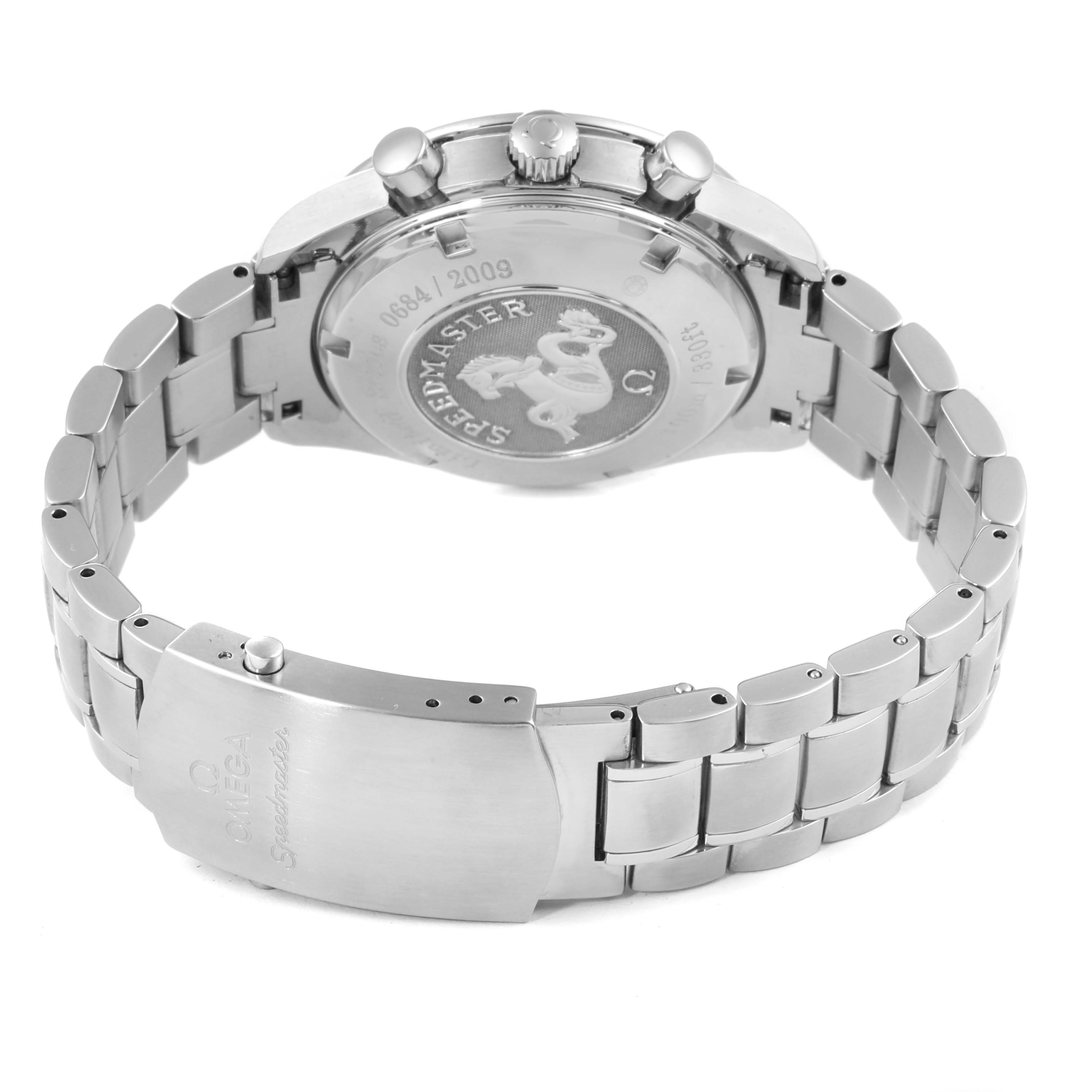 The image shows the back view of the Omega Speedmaster 323.30.40.40.02.001 Men's Stainless Steel White Dial 323.30.40.40.02.001 Men's Stainless Steel White Dial watch, highlighting the case back, bracelet, and clasp.