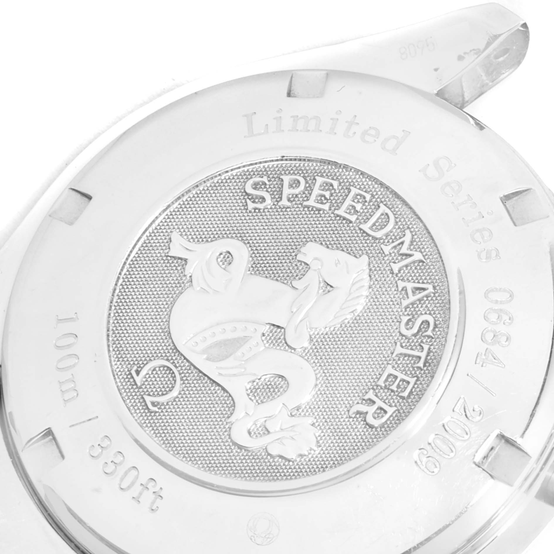 This image shows the back case of an Omega Speedmaster 323.30.40.40.02.001 Men's Stainless Steel White Dial 323.30.40.40.02.001 Men's Stainless Steel White Dial watch, highlighting its limited series number and water resistance.