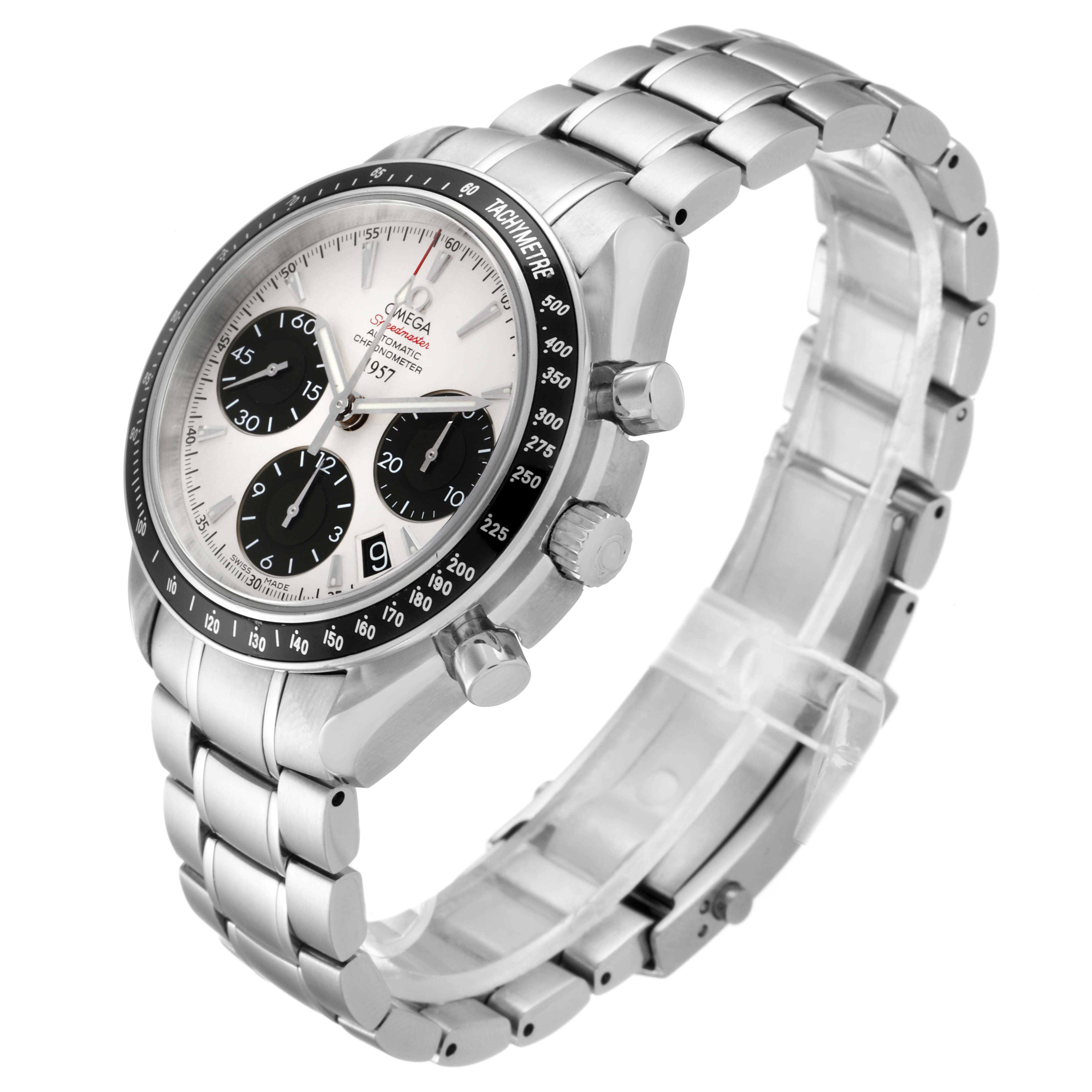 This Omega Speedmaster 323.30.40.40.02.001 Men's Stainless Steel White Dial 323.30.40.40.02.001 Men's Stainless Steel White Dial watch is shown at a three-quarter angle, displaying the dial, bezel, crown, pushers, and bracelet.
