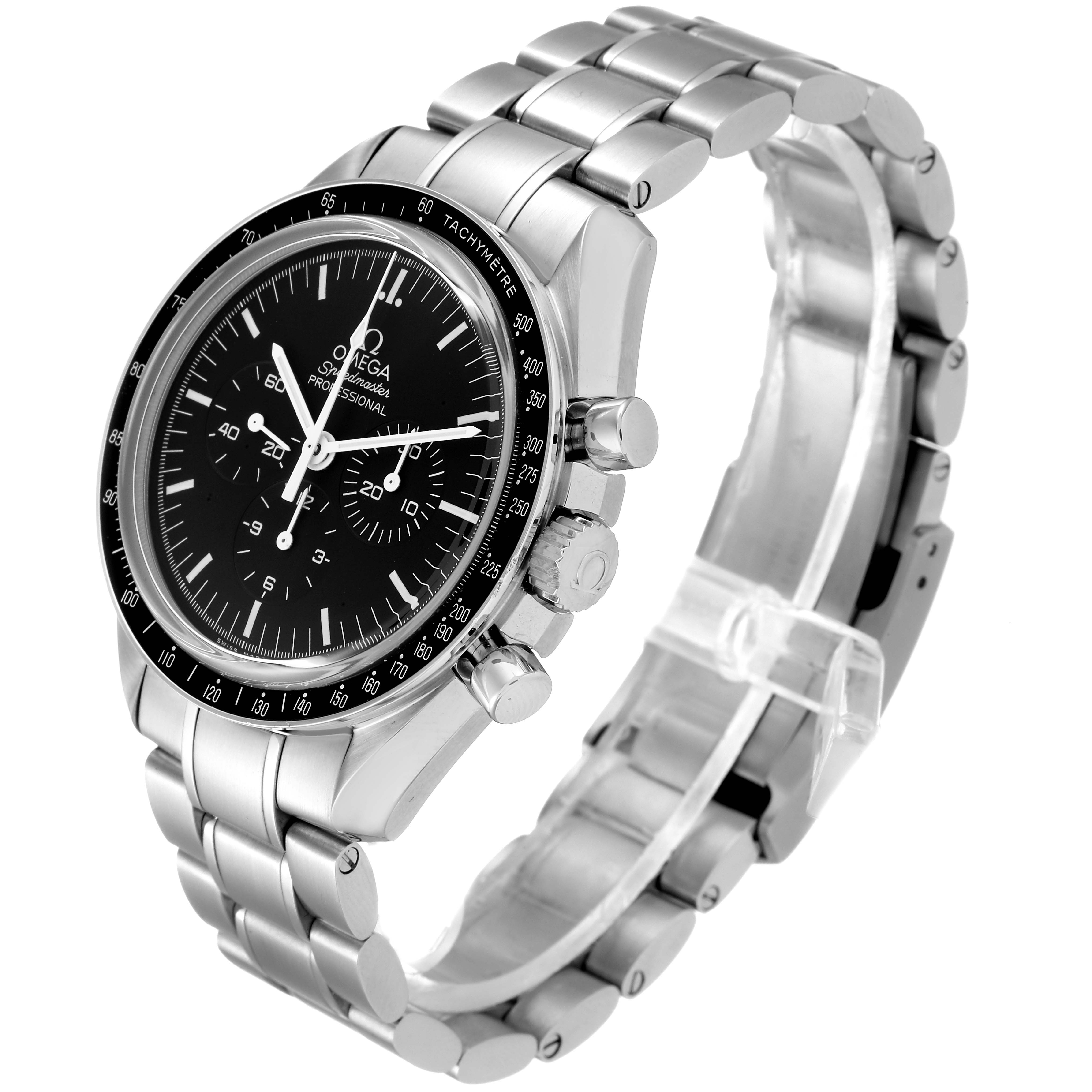 The image shows an angled view of an Omega Speedmaster 311.30.42.30.01.006 Men
s Stainless Steel Black Dial 311.30.42.30.01.006 Men
s Stainless Steel Black Dial watch highlighting the face, bezel, case, and bracelet.