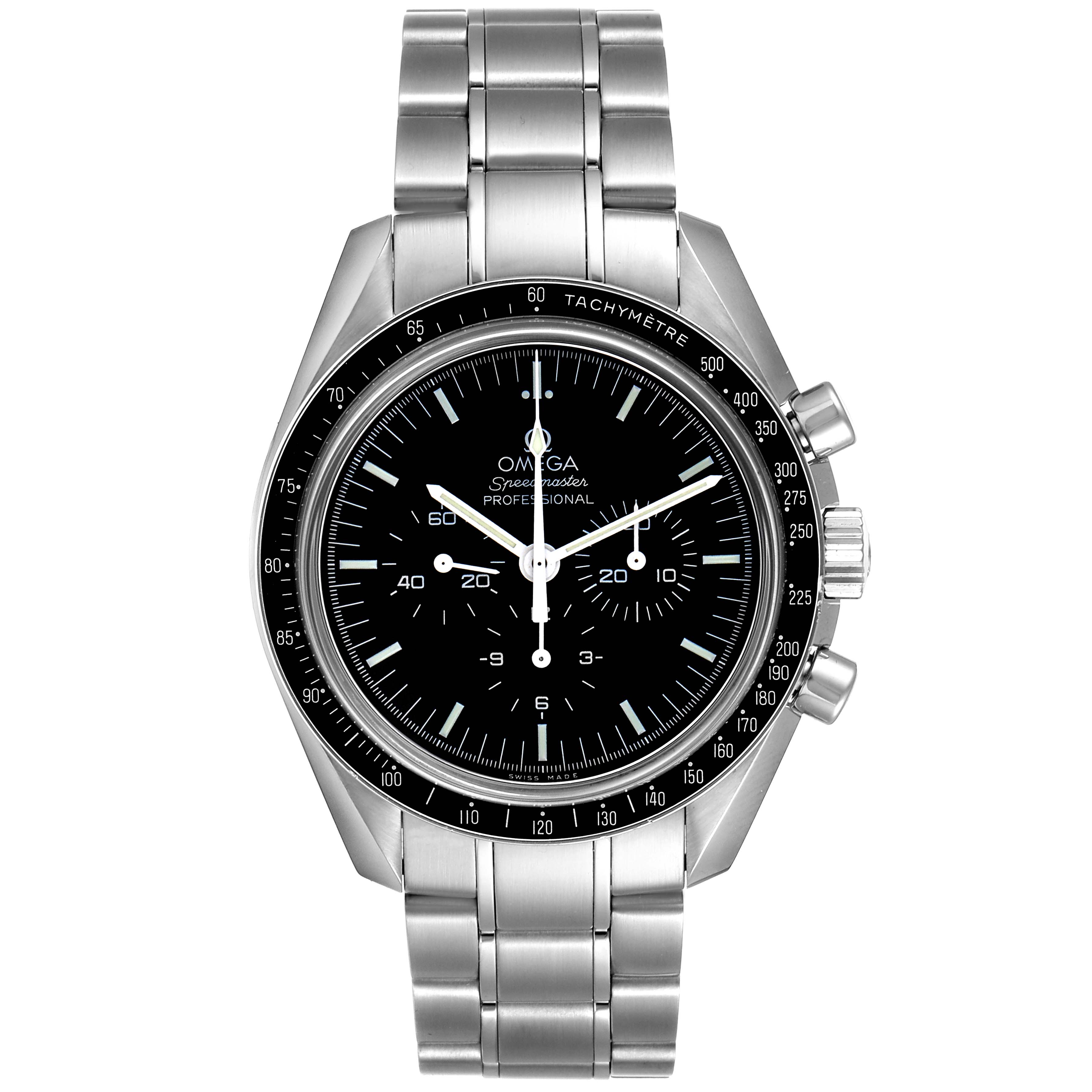 This image shows a front view of an Omega Speedmaster 311.30.42.30.01.006 Men
s Stainless Steel Black Dial 311.30.42.30.01.006 Men
s Stainless Steel Black Dial watch with its stainless steel bracelet and tachymeter bezel prominently displayed.