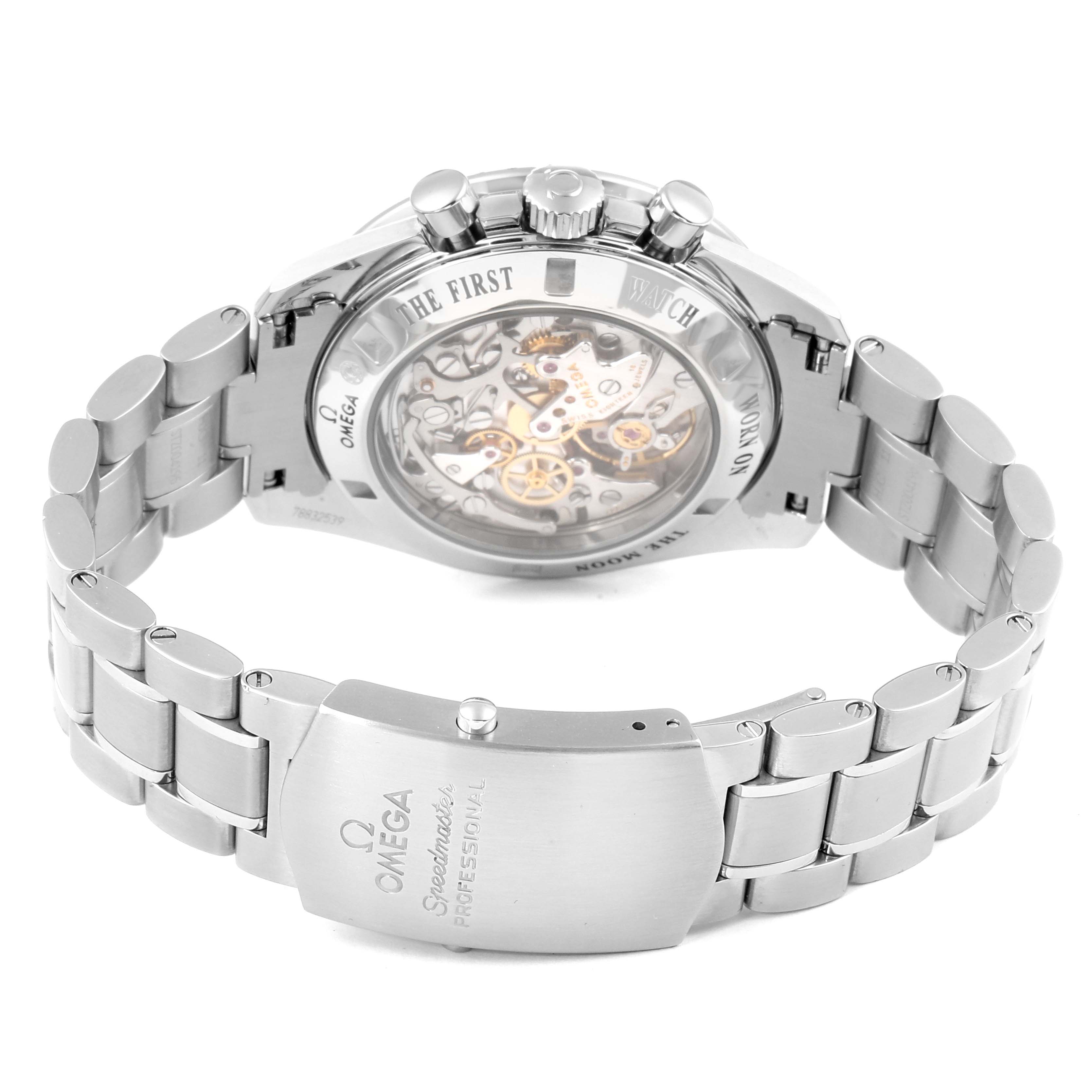 This image shows the back view of the Omega Speedmaster 311.30.42.30.01.006 Men
s Stainless Steel Black Dial 311.30.42.30.01.006 Men
s Stainless Steel Black Dial, highlighting the movement through the transparent case back and stainless steel bracelet.