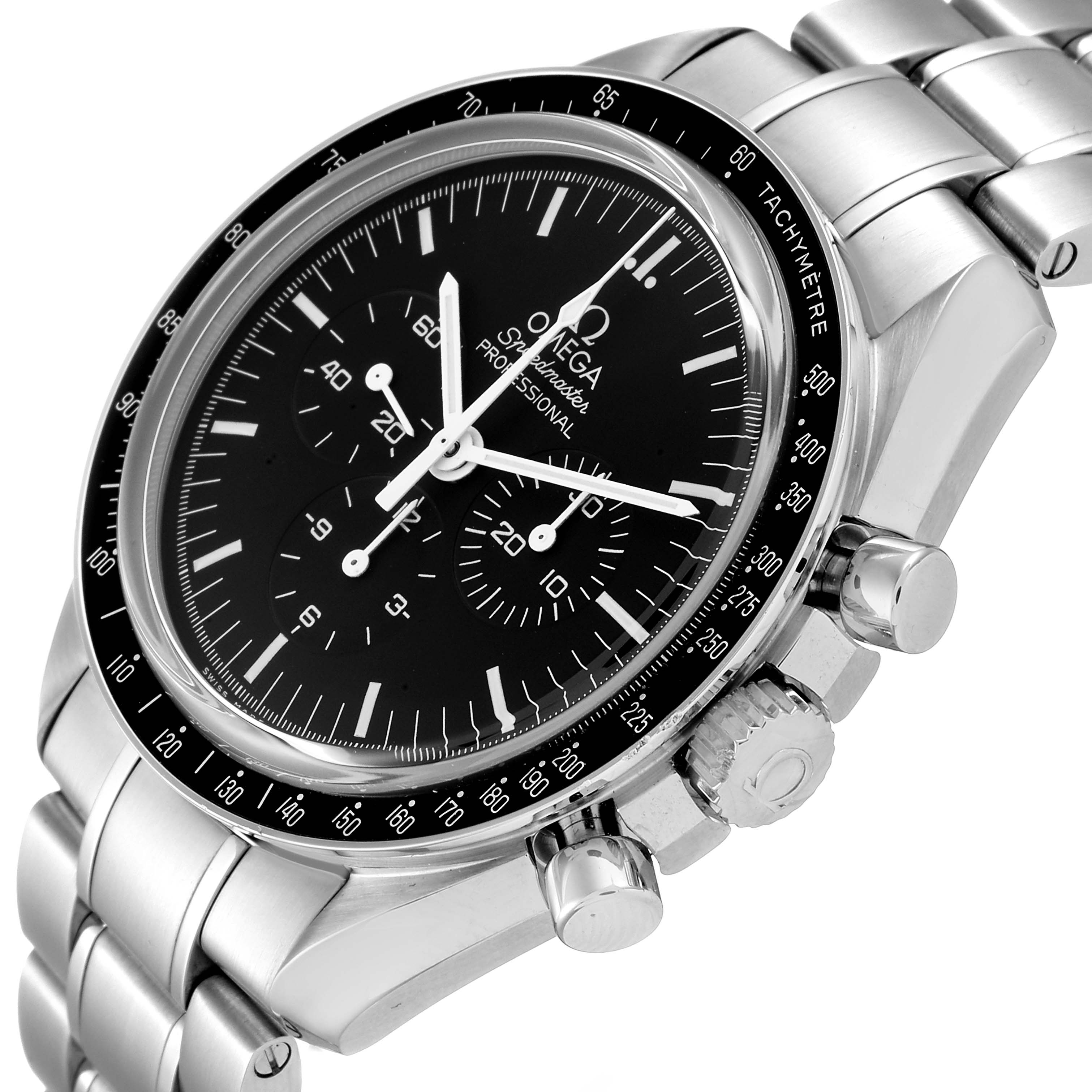 The image shows an angled view of an Omega Speedmaster 311.30.42.30.01.006 Men
s Stainless Steel Black Dial 311.30.42.30.01.006 Men
s Stainless Steel Black Dial watch, highlighting its dial, tachymeter bezel, crown, and chronograph pushers.